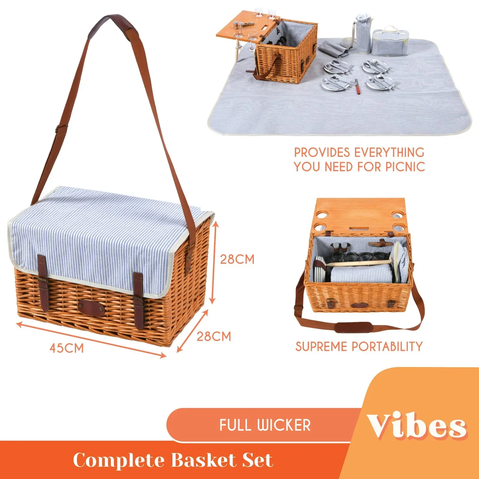 Vibes Hunter 4 Person Natural Willow Picnic Basket Set