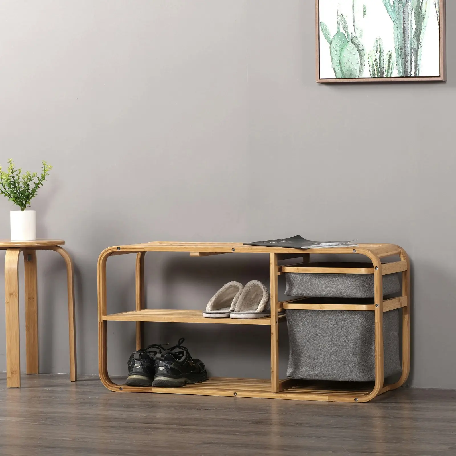 Sherwood Home Bamboo Shoe Rack Storage Bench - Natural Bamboo - 90x30x44cm