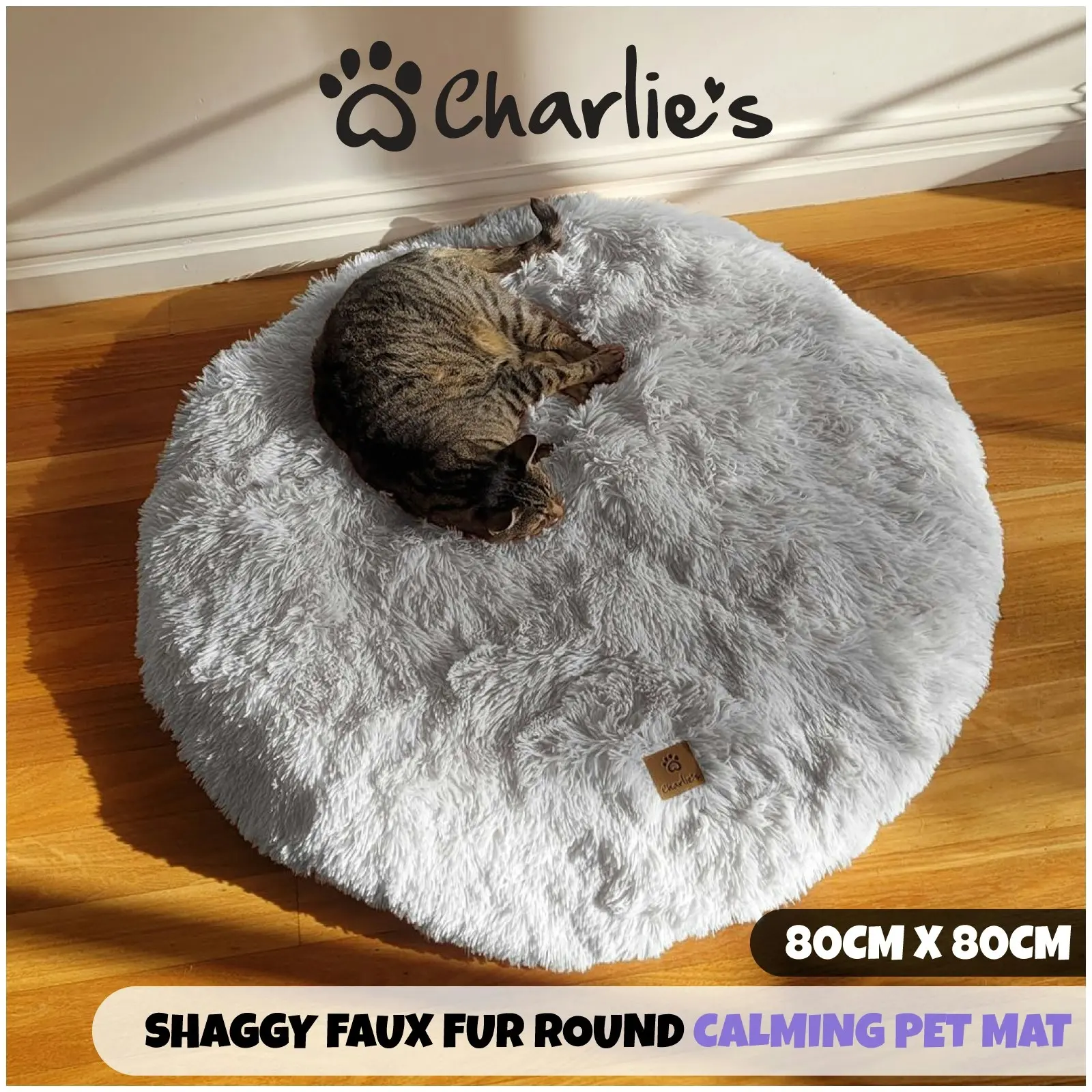 Charlie's Shaggy Faux Fur Round Calming Dog Mat Arctic White Medium