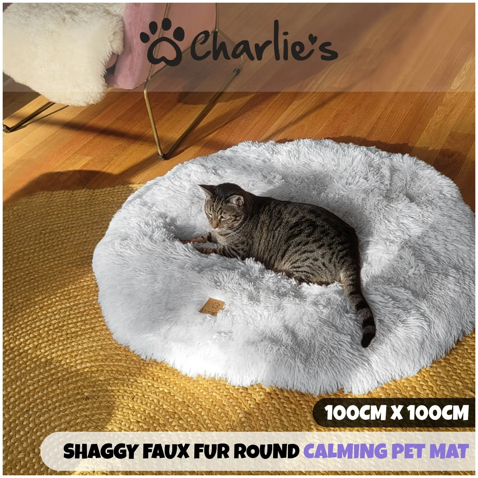 Charlie's Shaggy Faux Fur Round Calming Dog Mat Arctic White Large