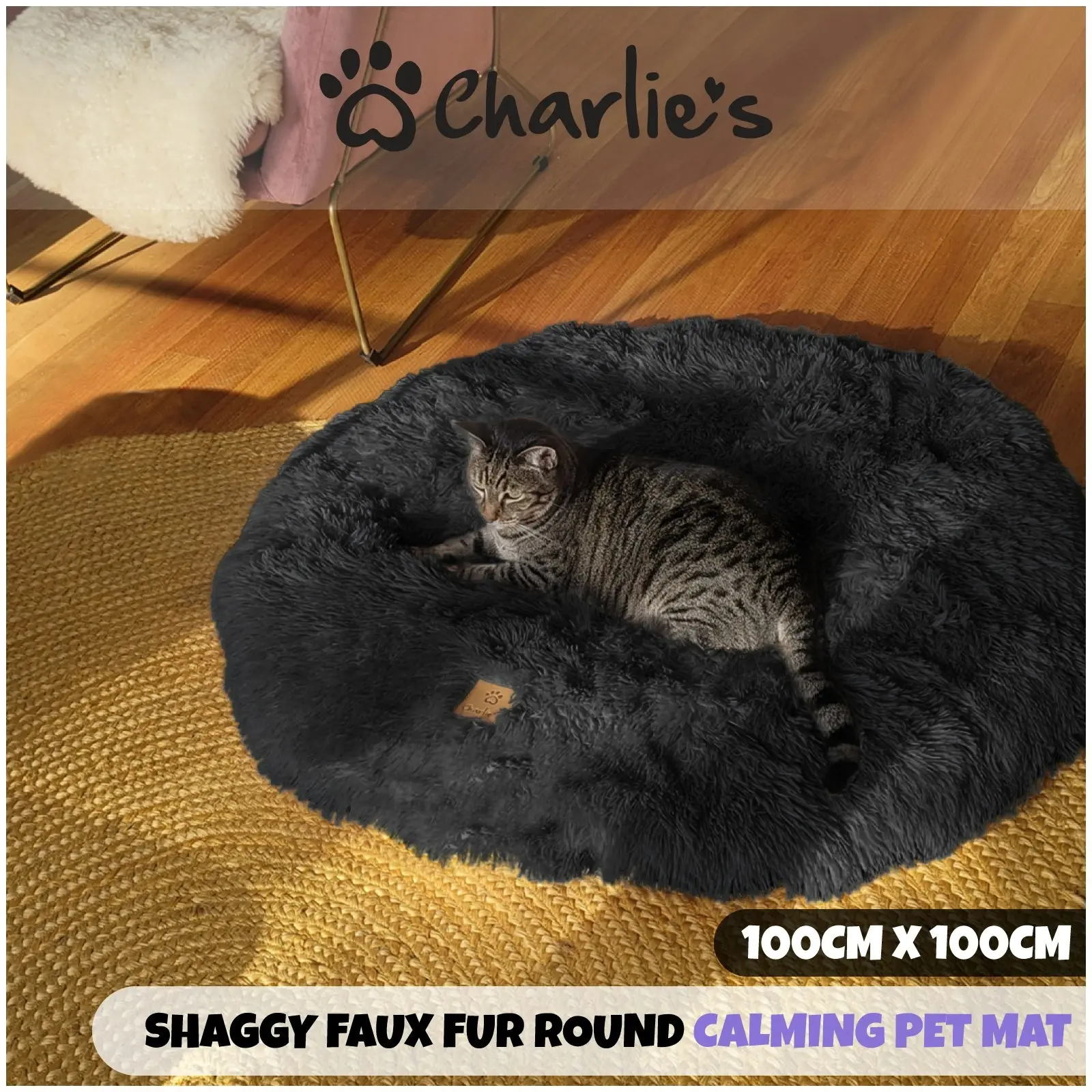 Charlie's Shaggy Faux Fur Round Calming Dog Mat Charcoal Large