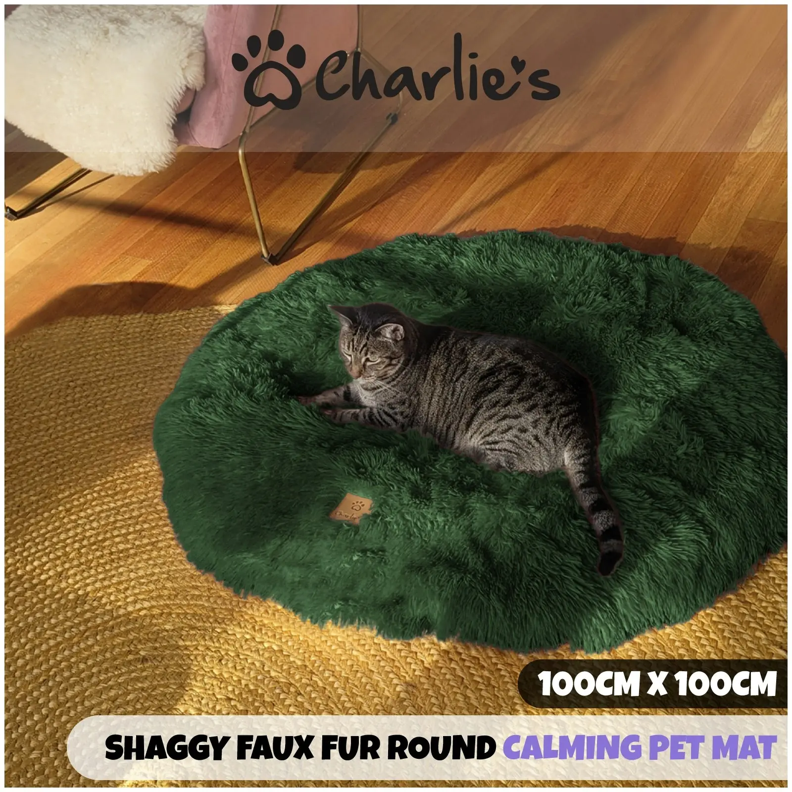 Charlie's Shaggy Faux Fur Round Calming Dog Mat Eden Green Large