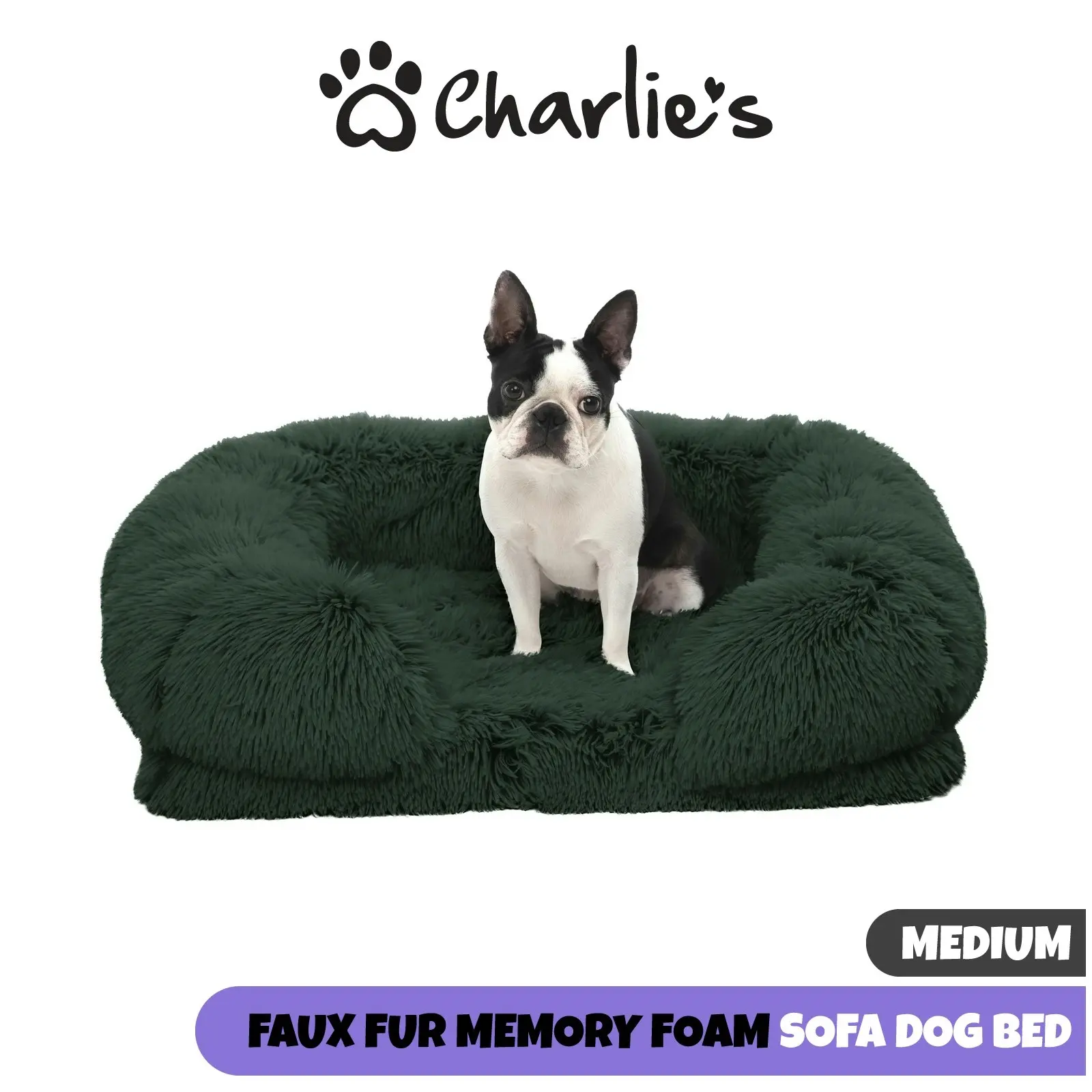 Charlie's Shaggy Faux Fur Orthopedic Memory Foam Sofa Dog Bed with Bolster Eden Green Medium