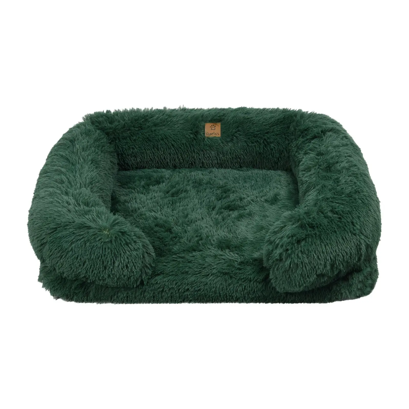 Charlie's Shaggy Faux Fur Orthopedic Memory Foam Sofa Dog Bed with Bolster Eden Green Medium