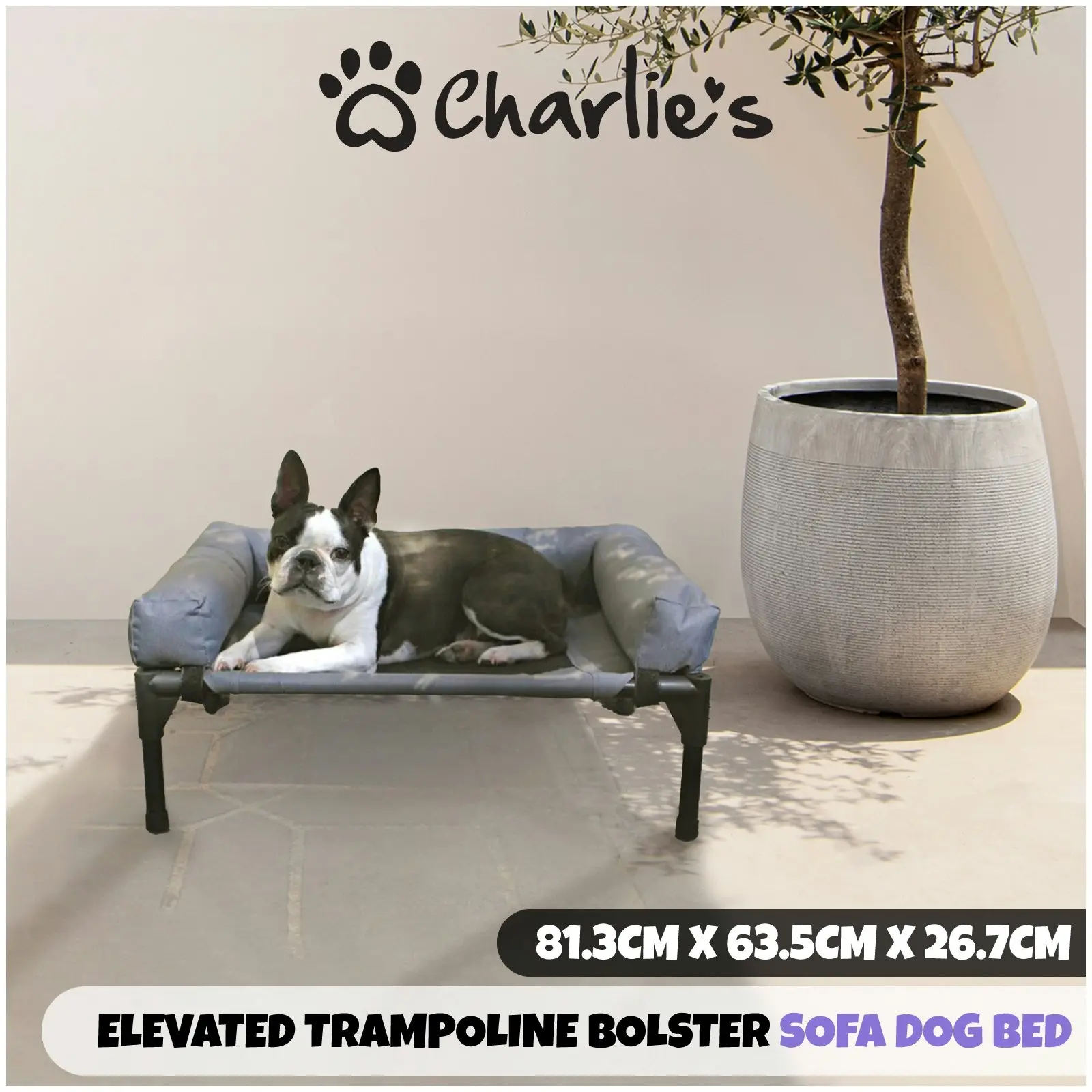 Charlie's Elevated Trampoline Bolster Sofa Dog Bed Grey Medium