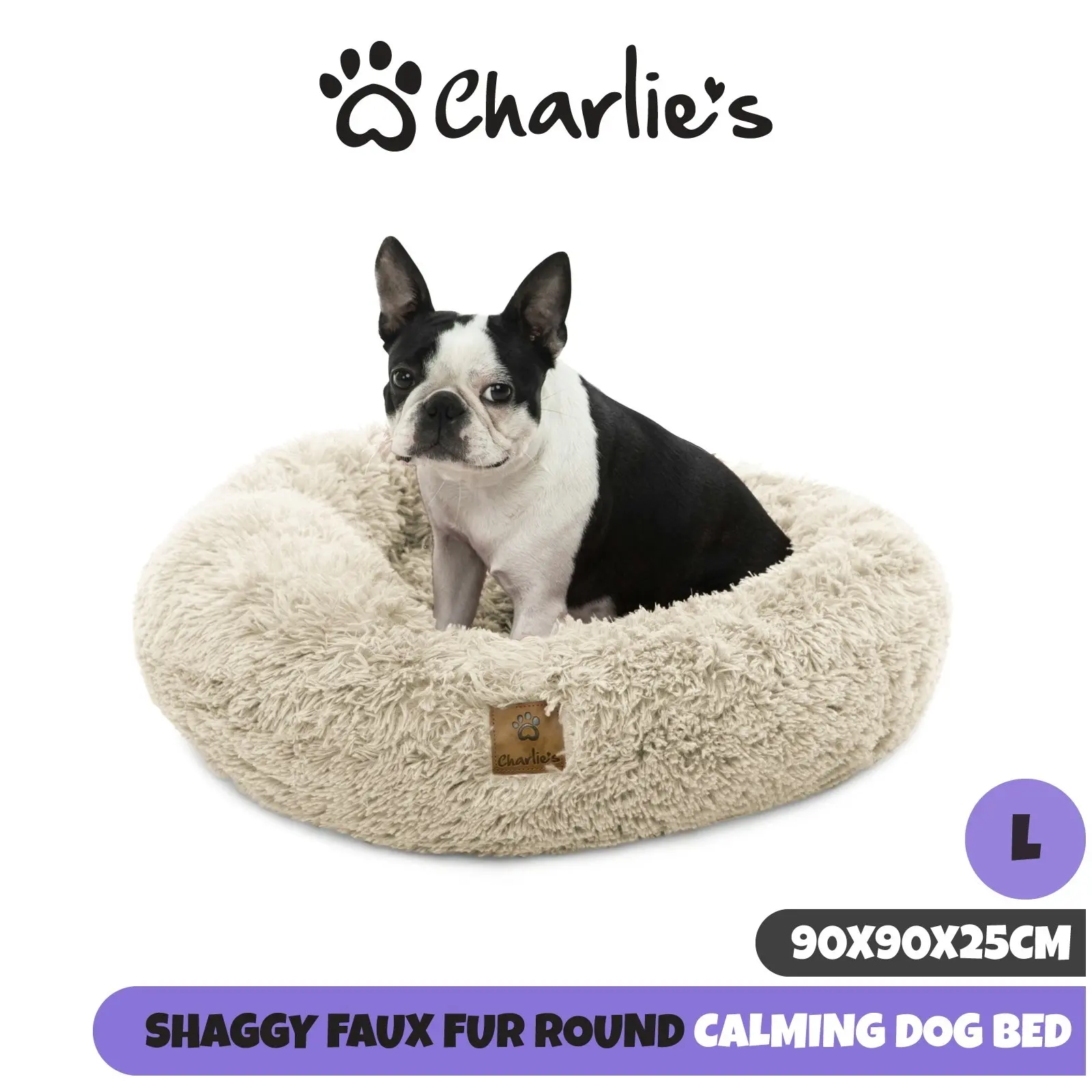 Charlie's Shaggy Faux Fur Donut Calming Pet Nest Bed Cream Chinchilla Large