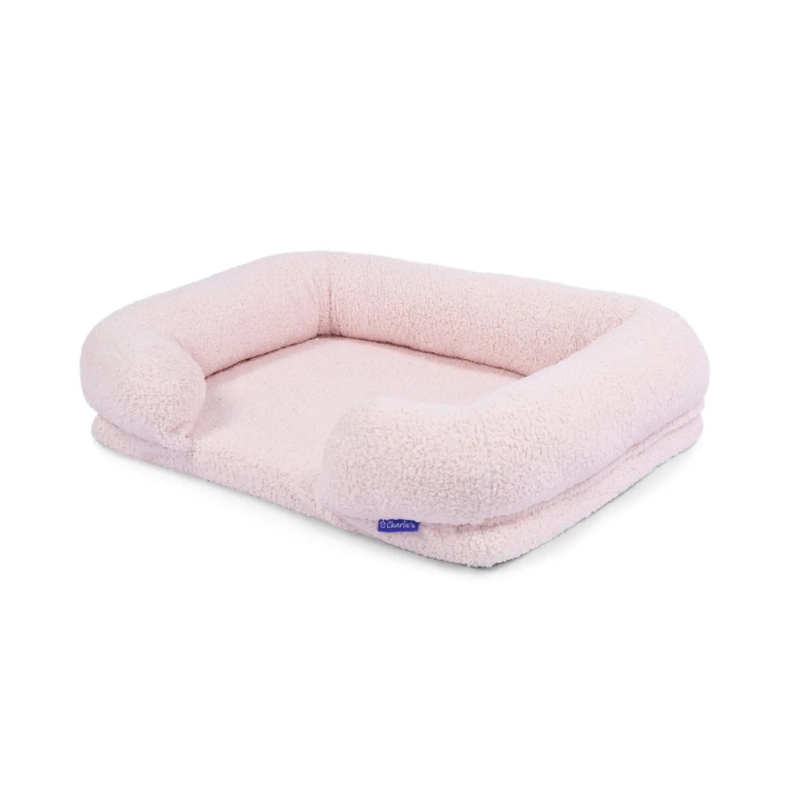 Charlie's Boucle Style Teddy Fleece Memory Foam Sofa Dog Bed with Bolster Pink Medium