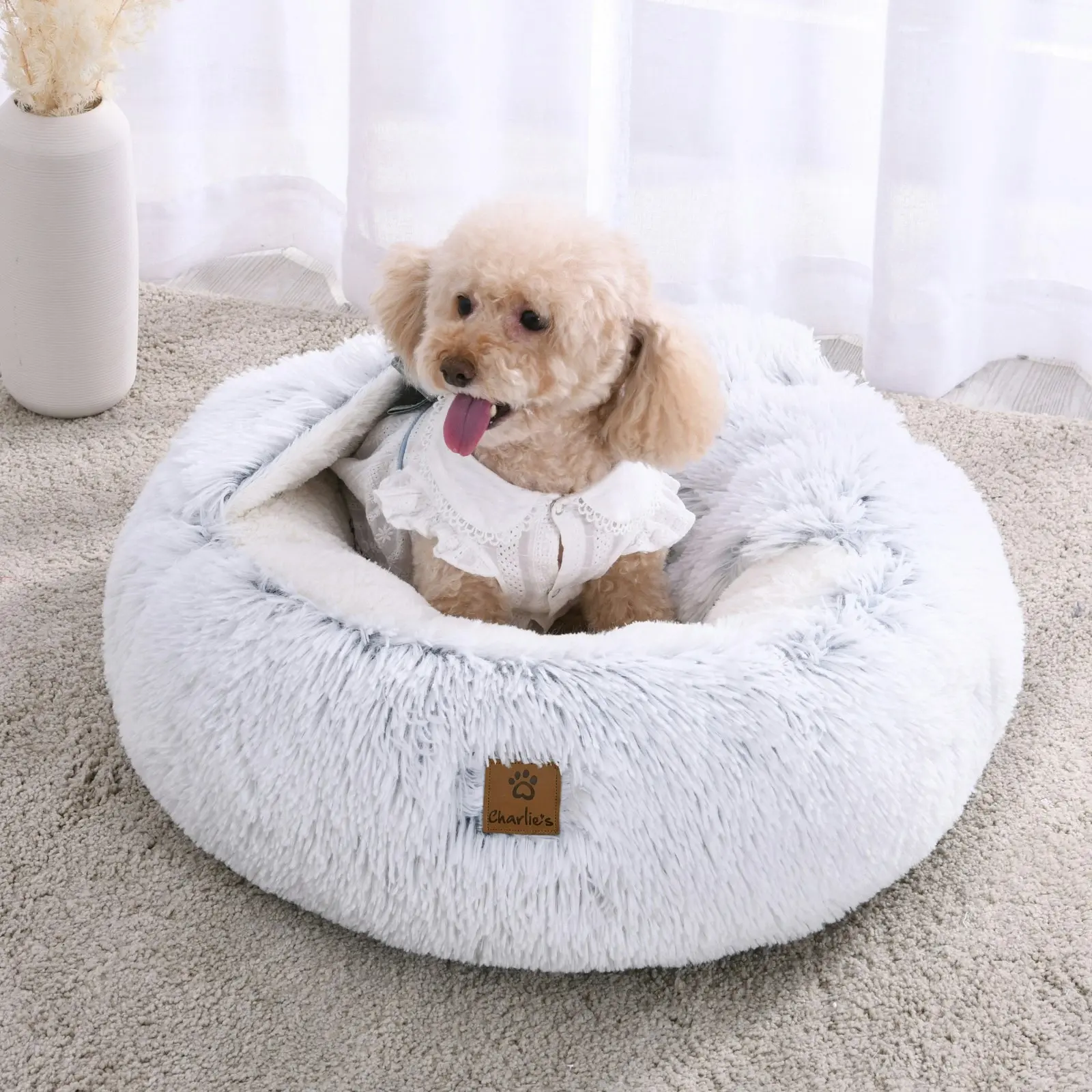 Charlie's Snookie Hooded Faux Fur Calming Dog Bed White Small