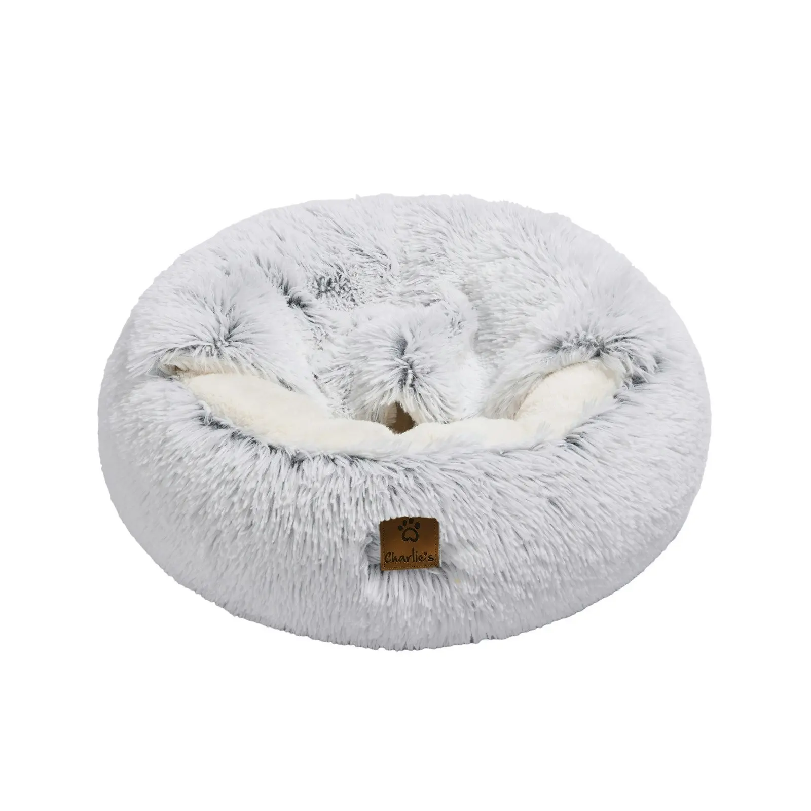 Charlie's Snookie Hooded Faux Fur Calming Dog Bed White Small