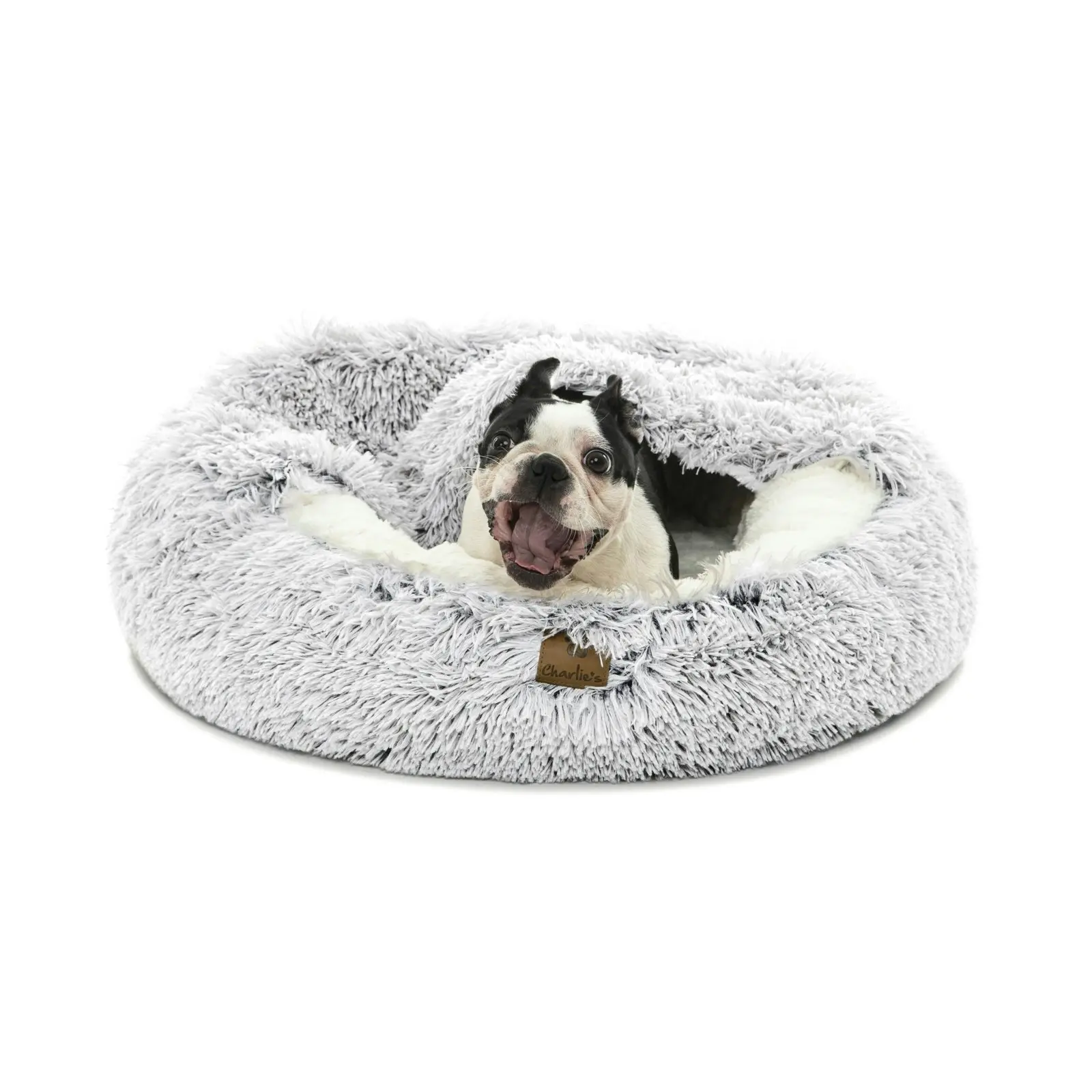 Charlie's Snookie Hooded Faux Fur Calming Dog Bed White Small