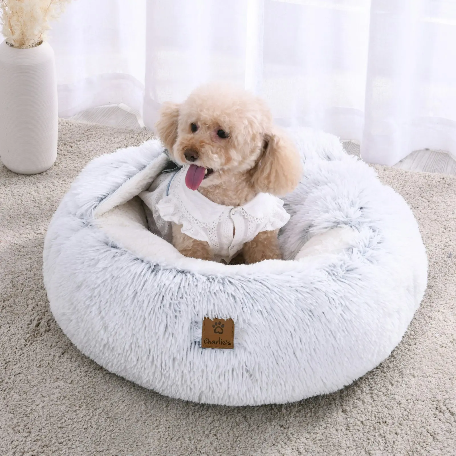 Charlie's Snookie Hooded Faux Fur Calming Dog Bed White Small