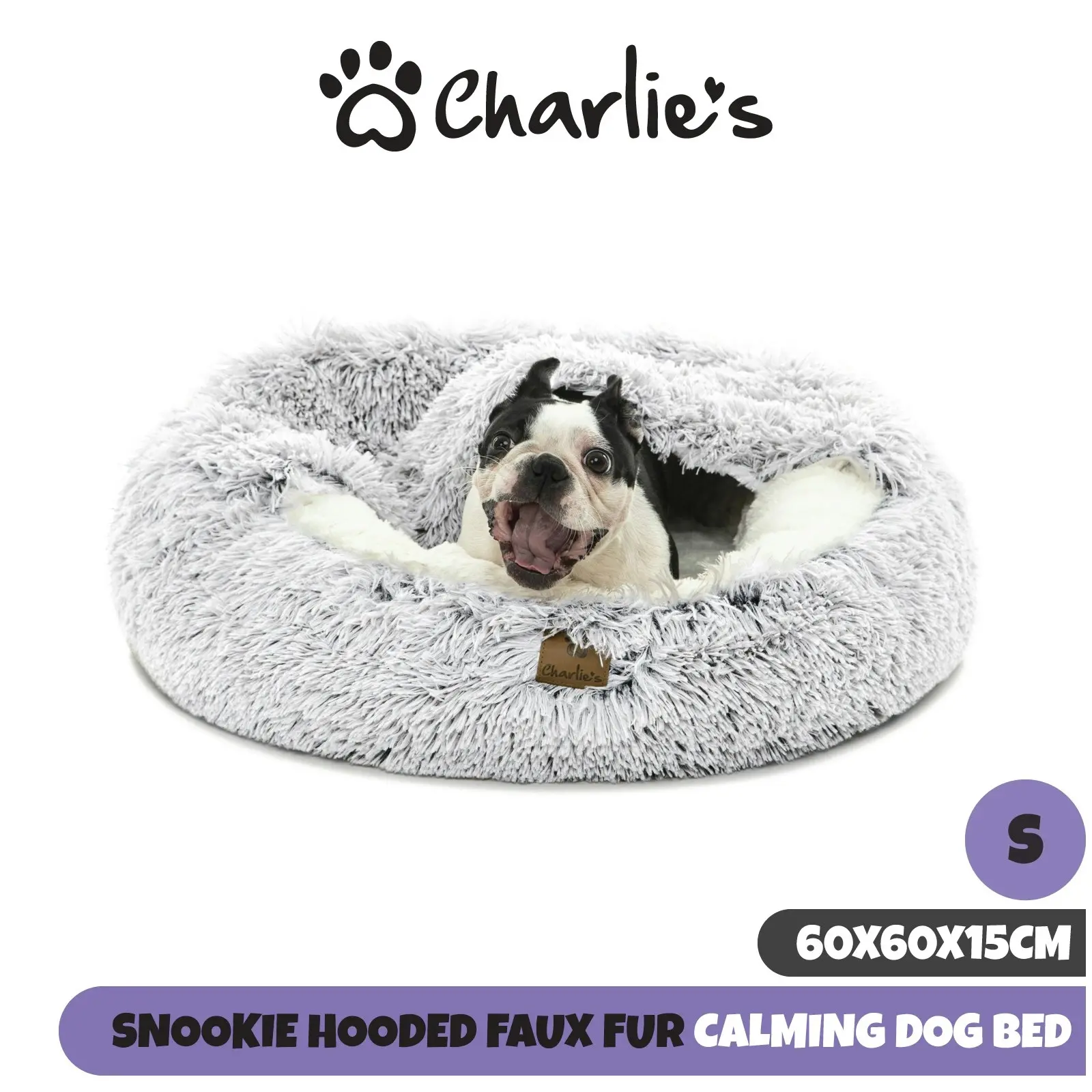 Charlie's Snookie Hooded Faux Fur Calming Dog Bed White Small