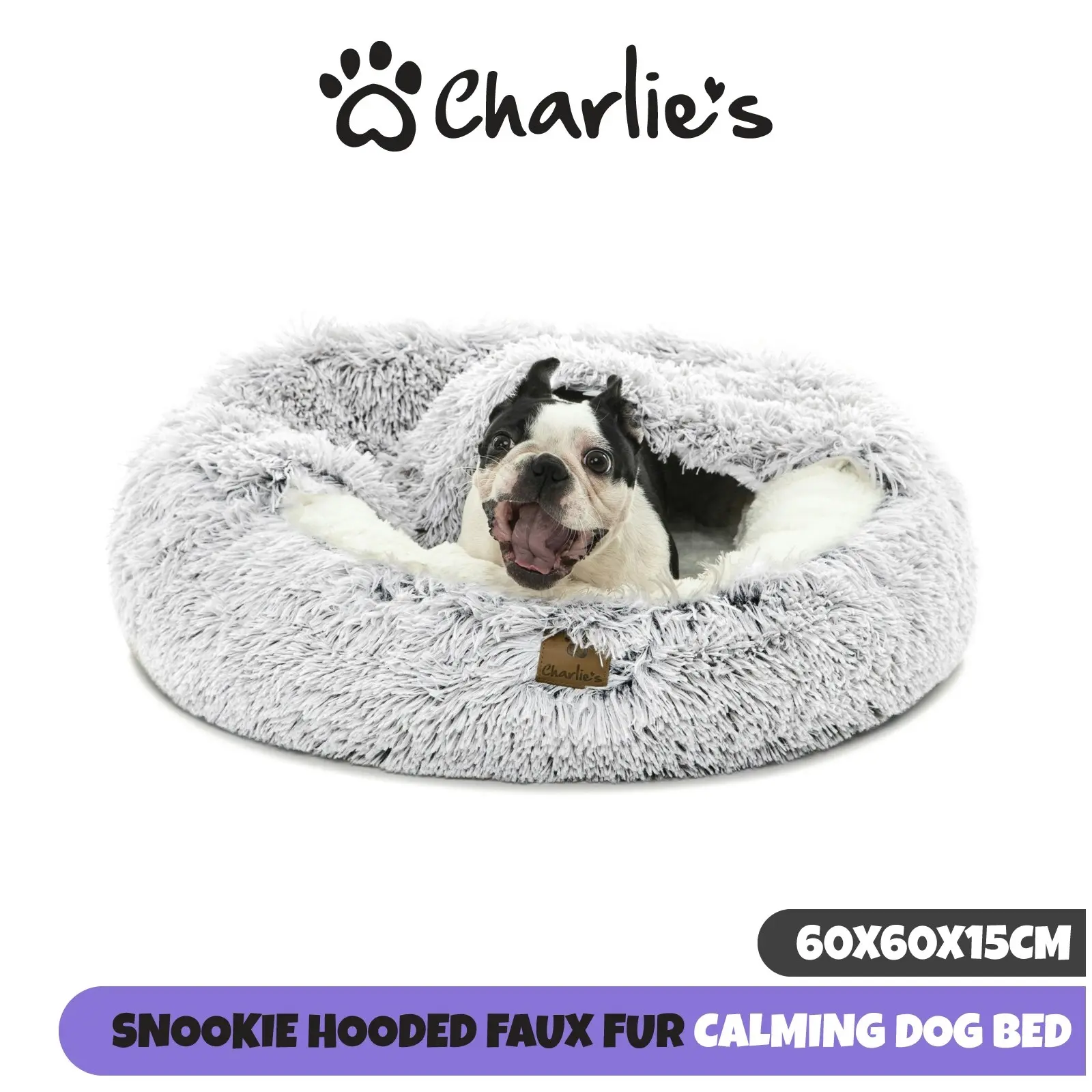 Charlie's Snookie Hooded Faux Fur Calming Dog Bed White Small