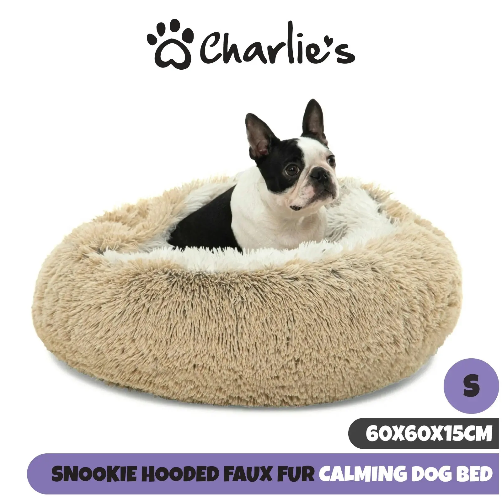 Charlie's Snookie Hooded Faux Fur Calming Dog Bed Cream Small