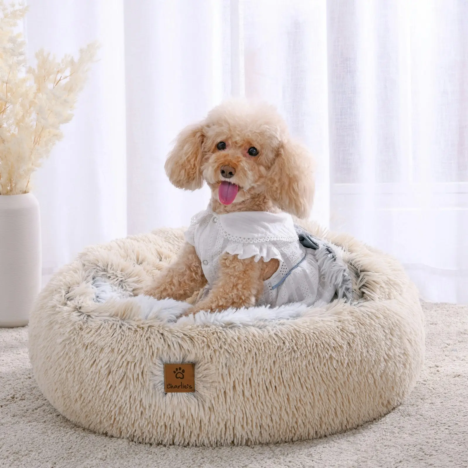 Charlie's Snookie Hooded Faux Fur Calming Dog Bed Cream Small