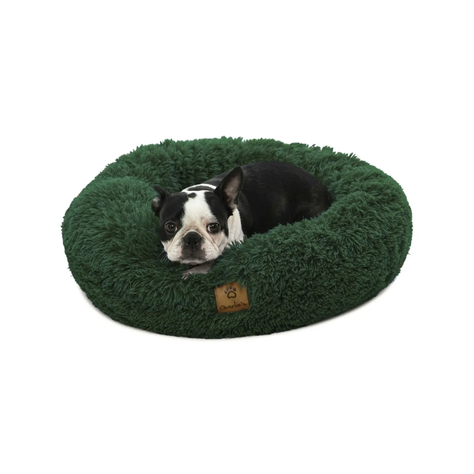 Charlie's Shaggy Faux Fur Round Calming Dog Bed Eden Green Small