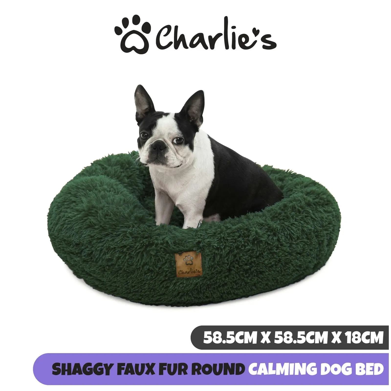 Charlie's Shaggy Faux Fur Round Calming Dog Bed Eden Green Small