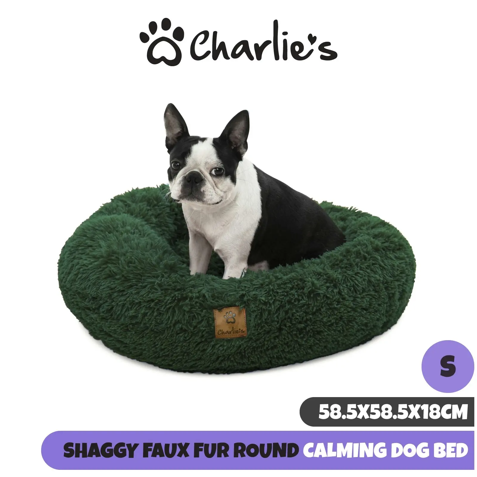 Charlie's Shaggy Faux Fur Round Calming Dog Bed Eden Green Small