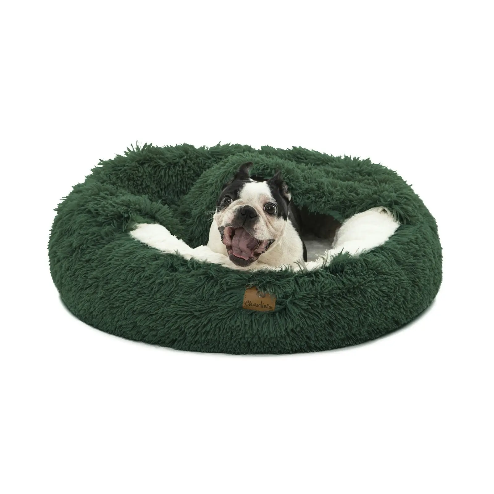 Charlie's Snookie Hooded Faux Fur Calming Dog Bed Eden Green Small