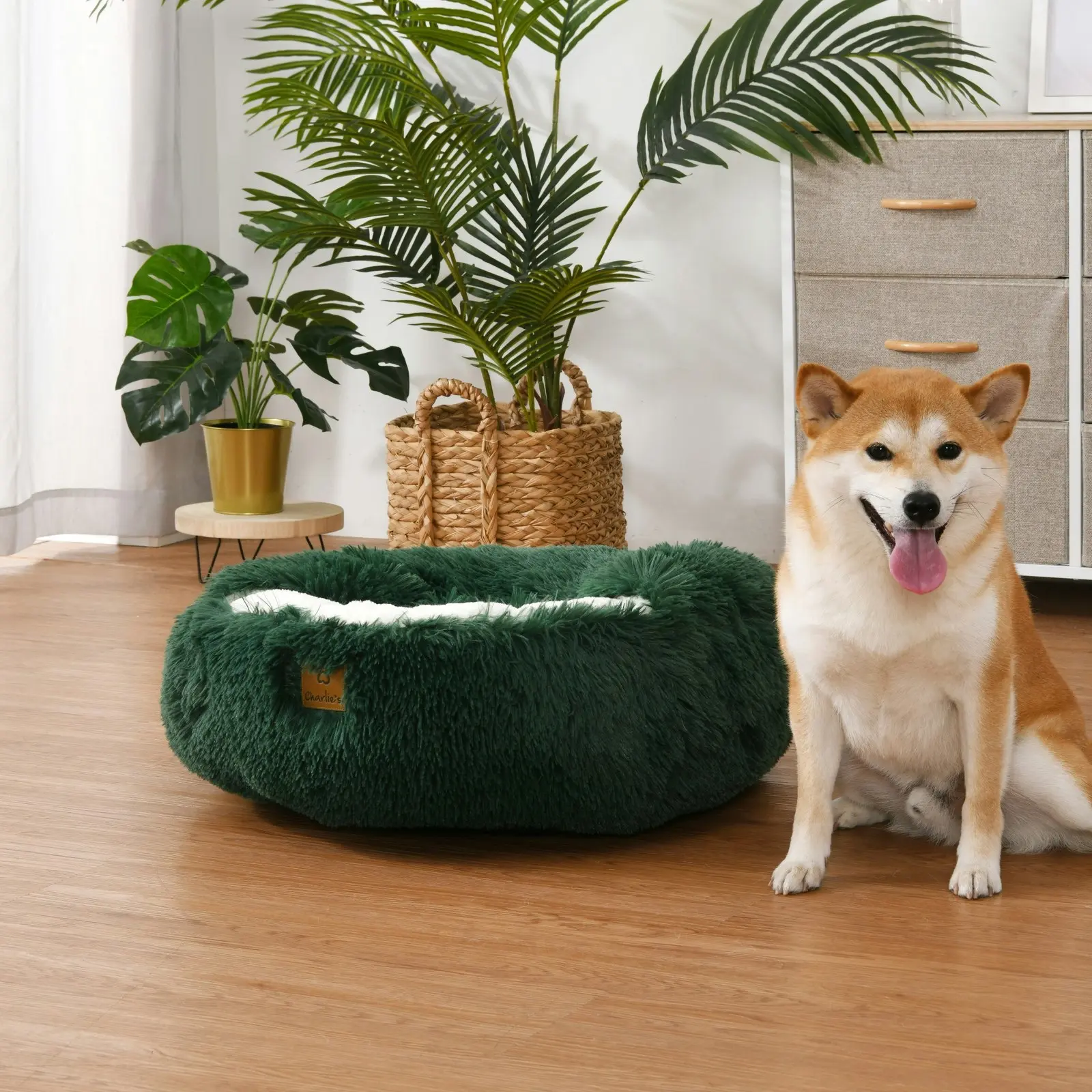 Charlie's Snookie Hooded Faux Fur Calming Dog Bed Eden Green Small