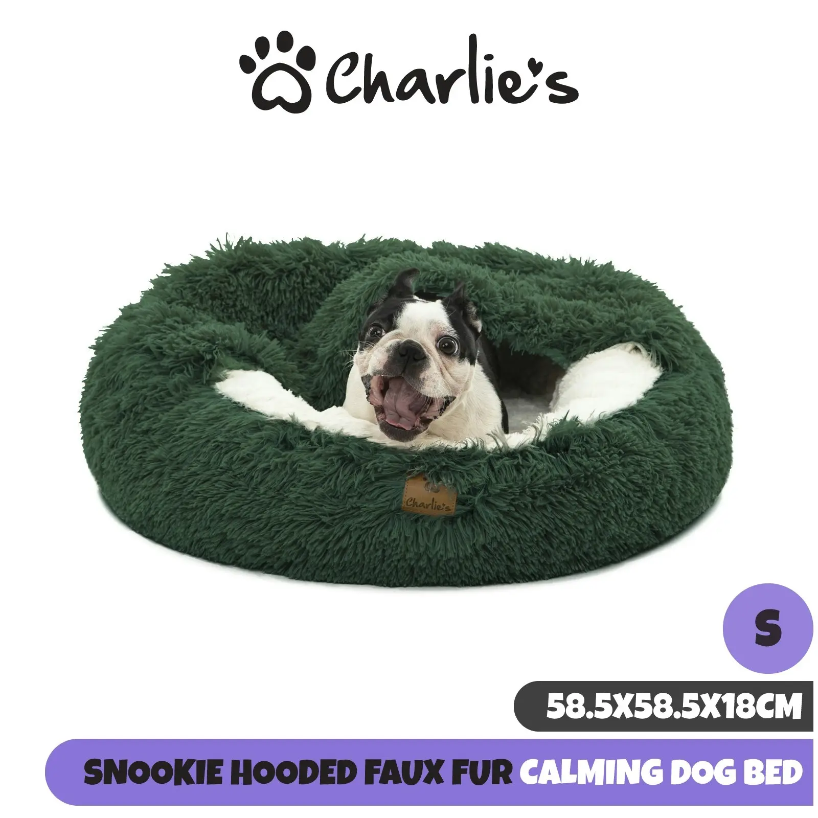 Charlie's Snookie Hooded Faux Fur Calming Dog Bed Eden Green Small