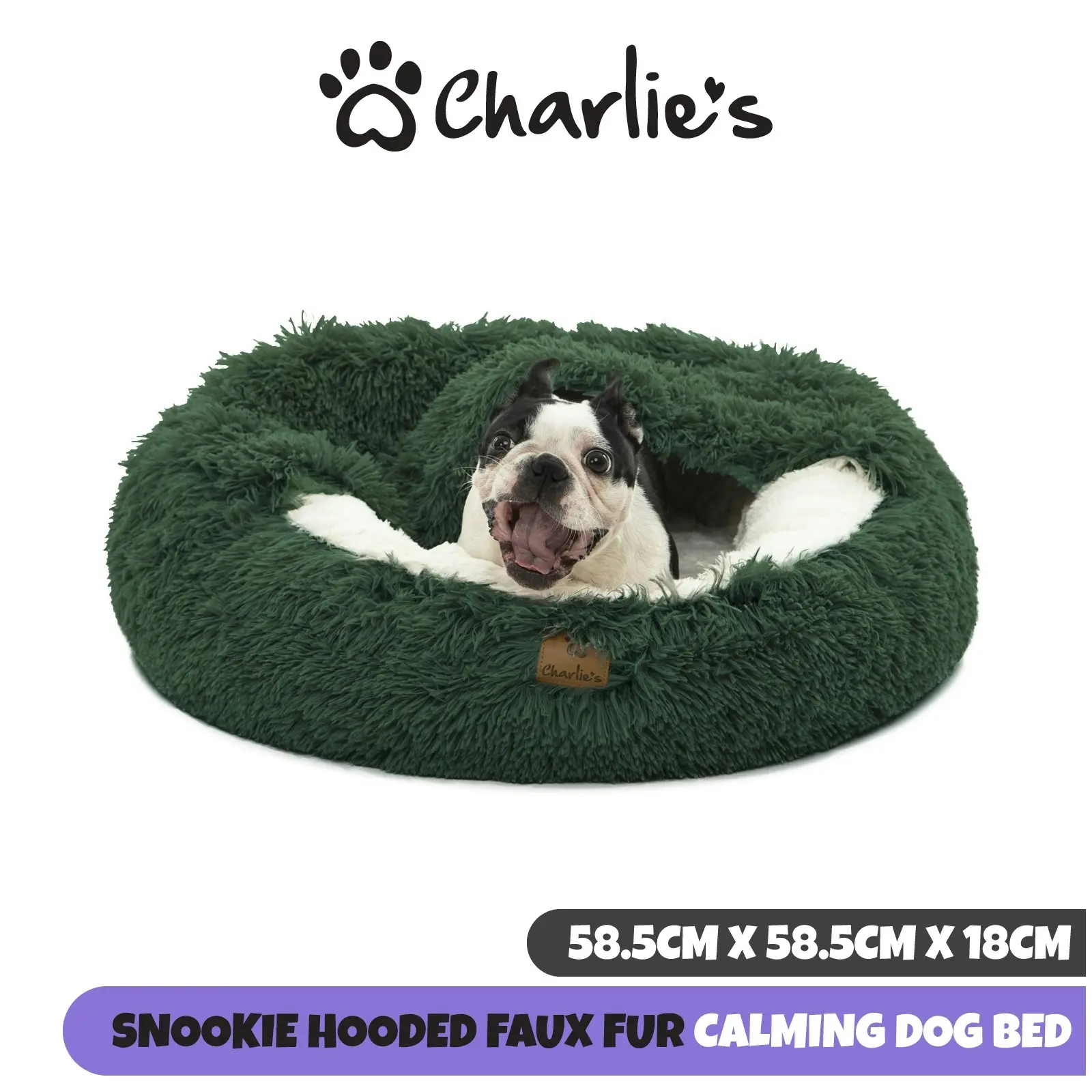 Charlie's Snookie Hooded Faux Fur Calming Dog Bed Eden Green Small