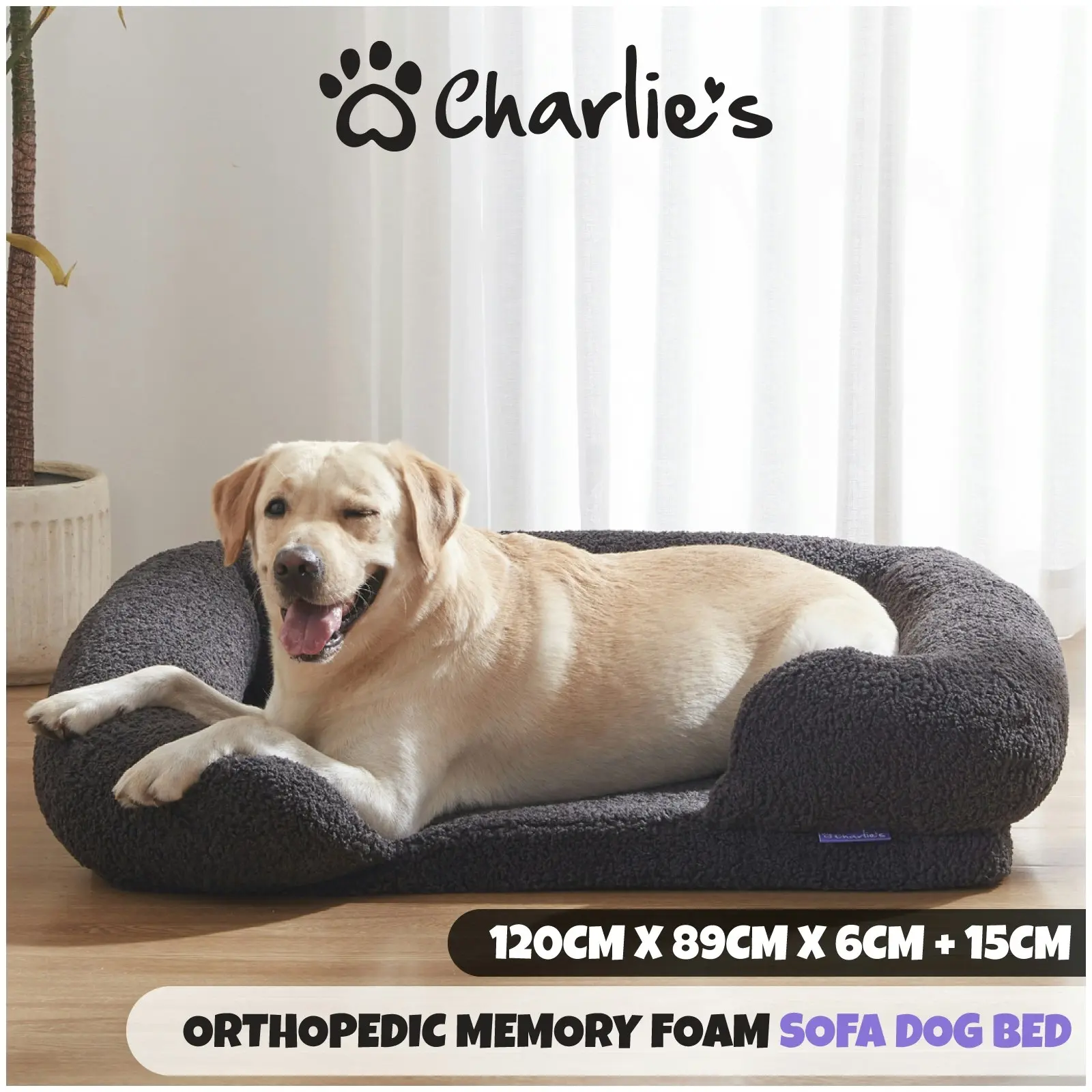 Charlie's Teddy Fleece Orthopedic Memory Foam Sofa Dog Bed with Bolster Charcoal Large