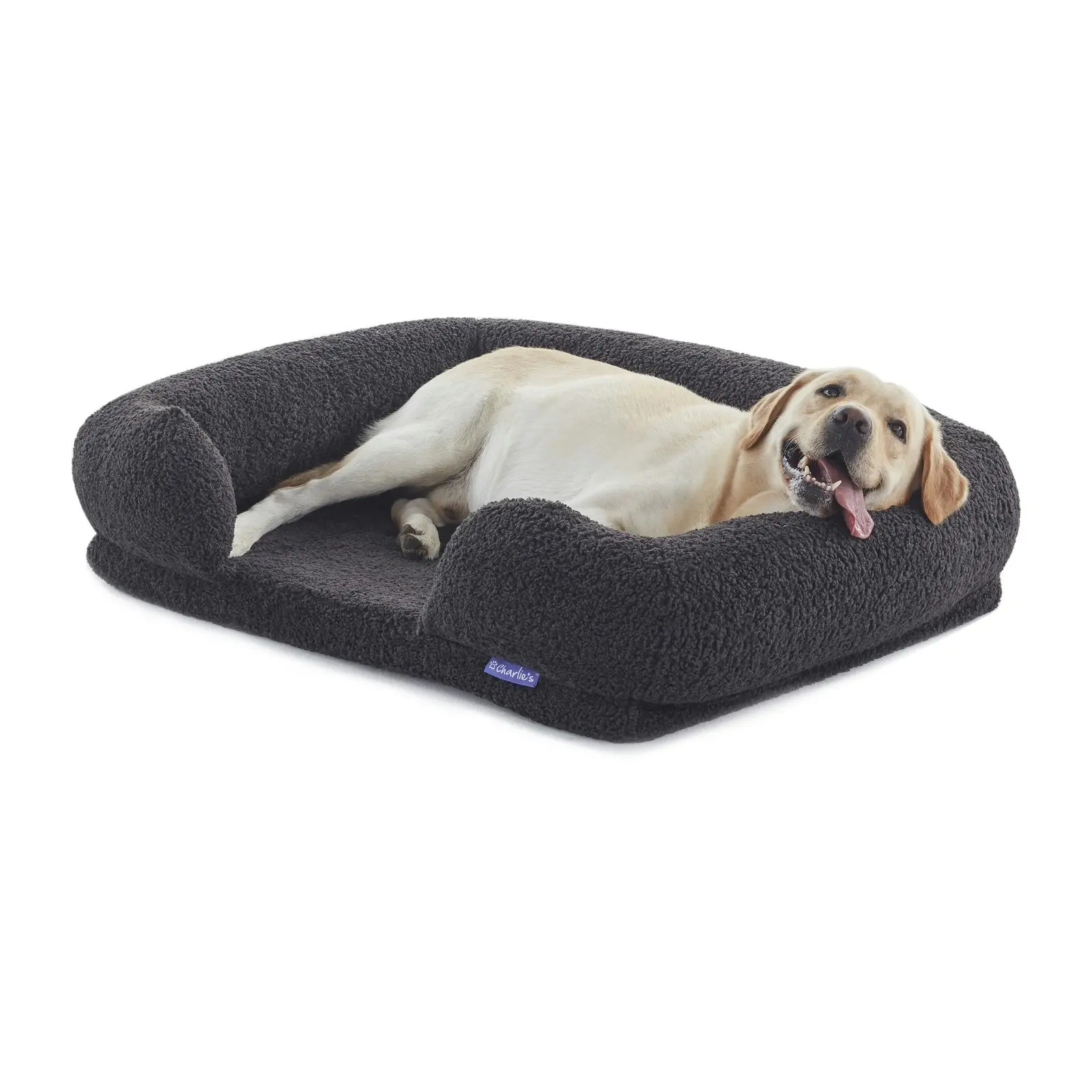 Charlie's Teddy Fleece Orthopedic Memory Foam Sofa Dog Bed with Bolster Charcoal Large