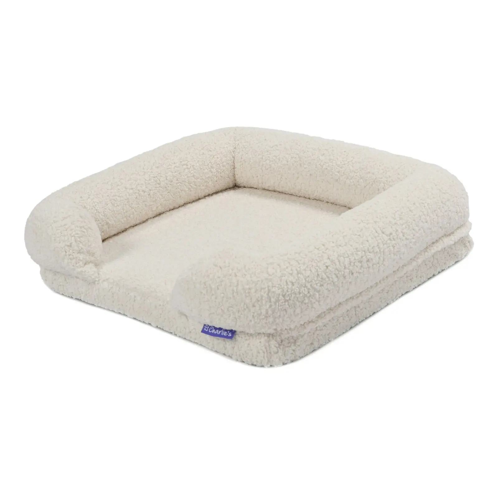 Charlie's Teddy Fleece Orthopedic Memory Foam Sofa Dog Bed with Bolster Cream Large