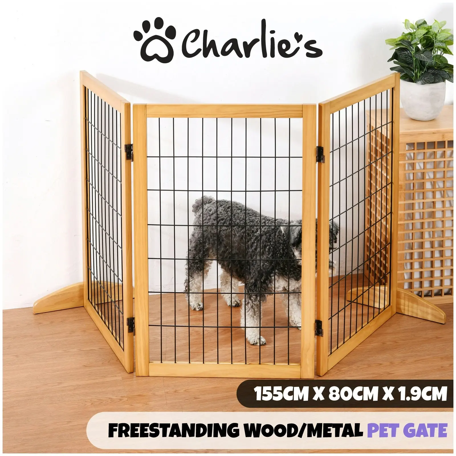 Charlie's Nature Freestanding Wood/Metal Pet Gate Natural Pinewood 3 Panel