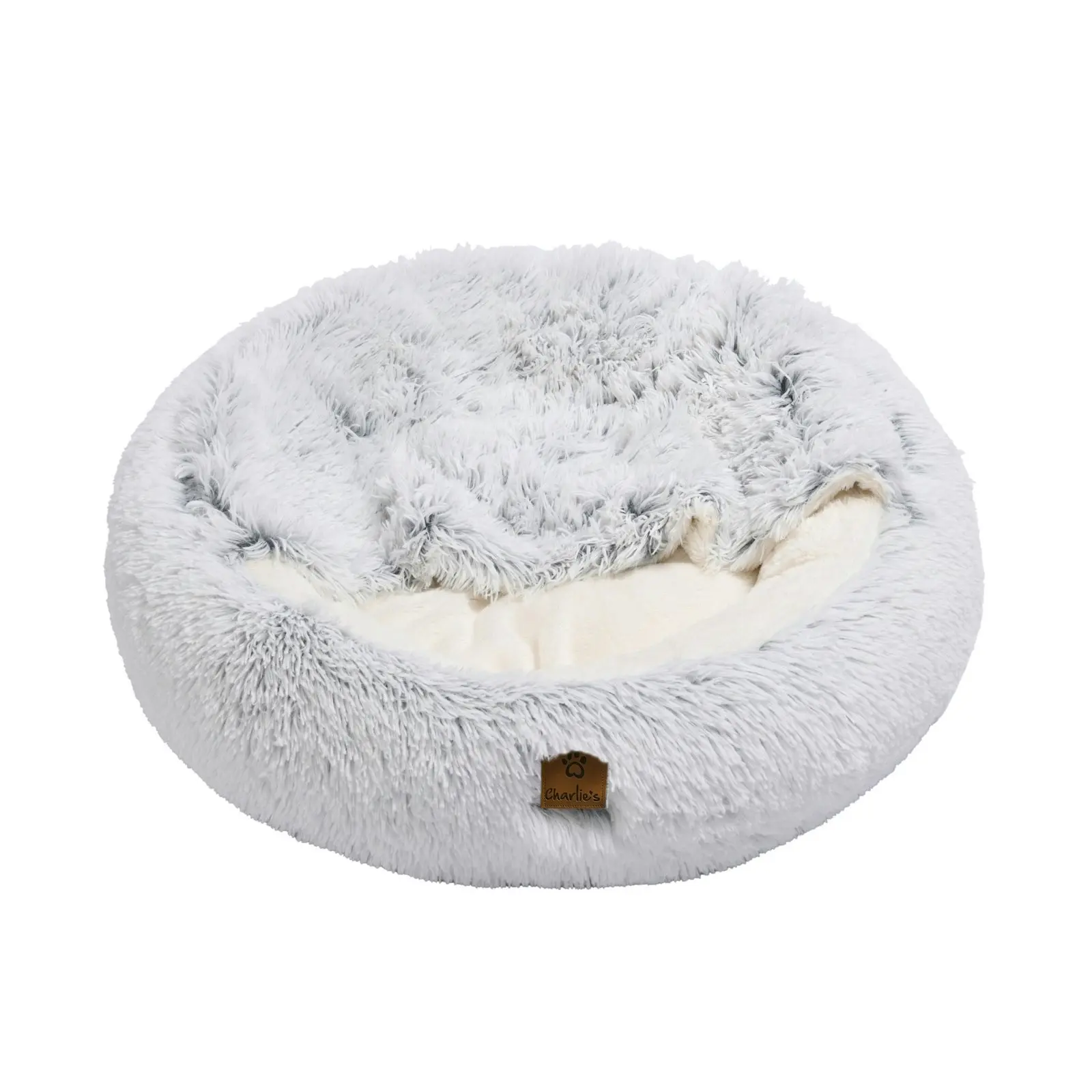 Charlie's Snookie Hooded Faux Fur Calming Dog Bed White Medium