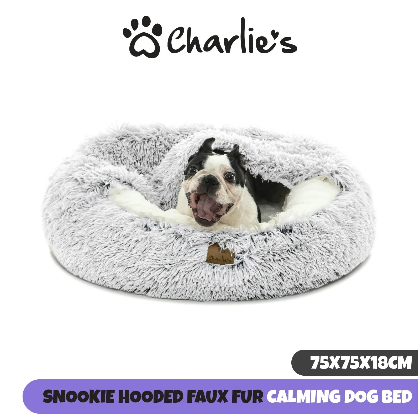 Charlie's Snookie Hooded Faux Fur Calming Dog Bed White Medium