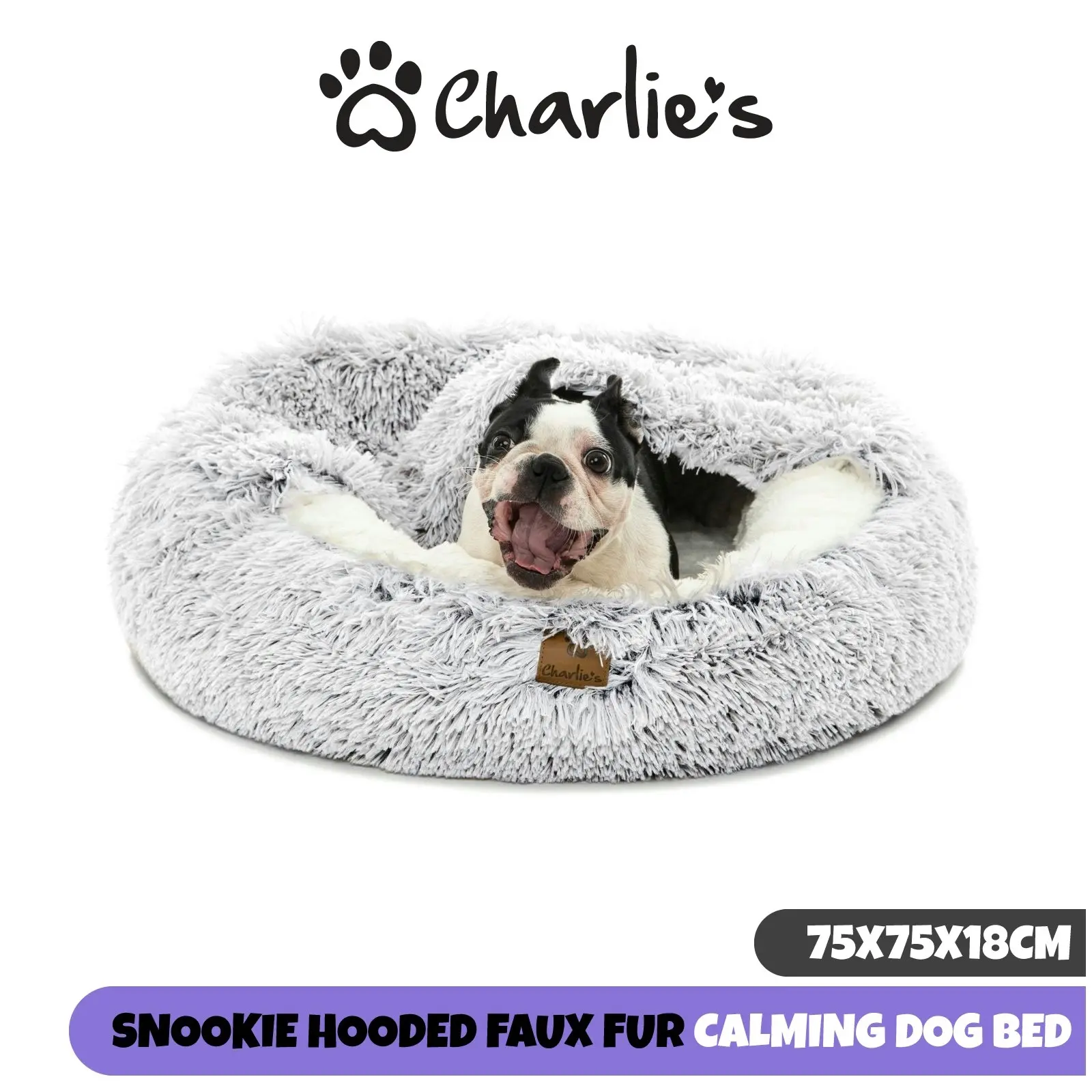 Charlie's Snookie Hooded Faux Fur Calming Dog Bed White Medium