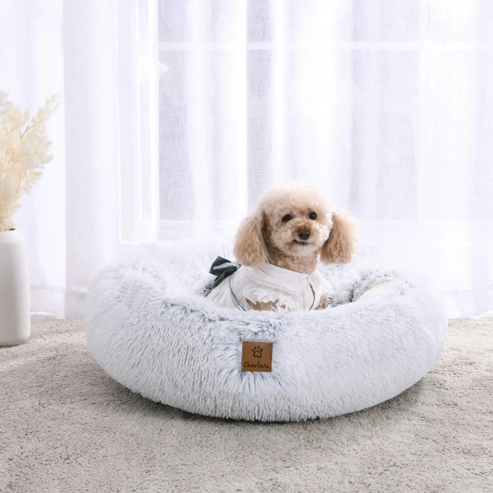 Charlie's Snookie Hooded Faux Fur Calming Dog Bed White Medium