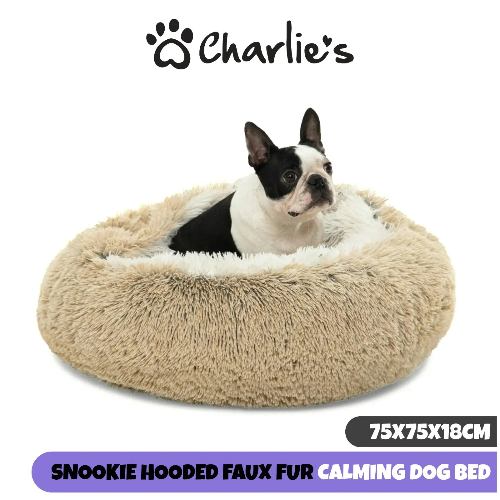 Charlie's Snookie Hooded Faux Fur Calming Dog Bed Cream Medium