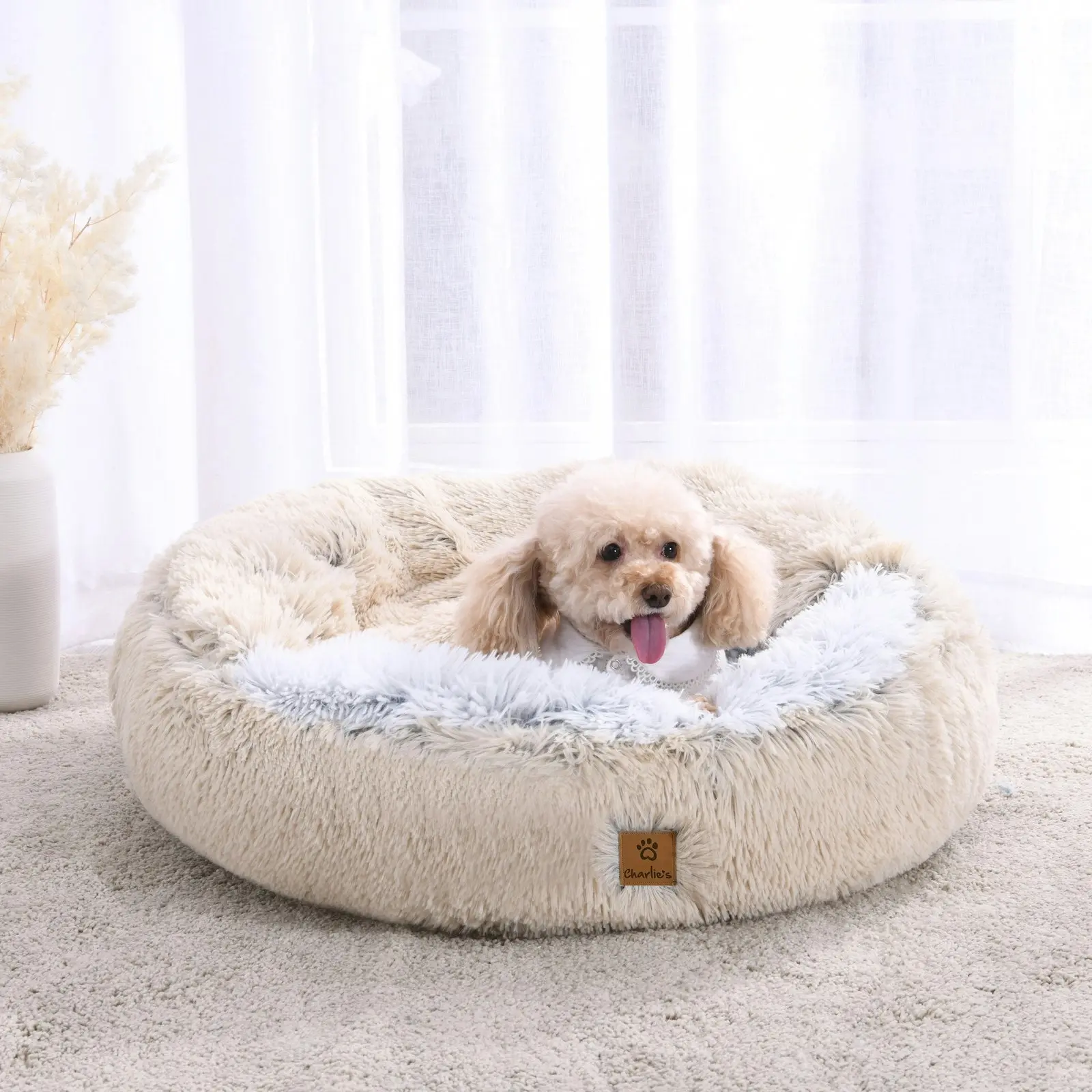 Charlie's Snookie Hooded Faux Fur Calming Dog Bed Cream Medium