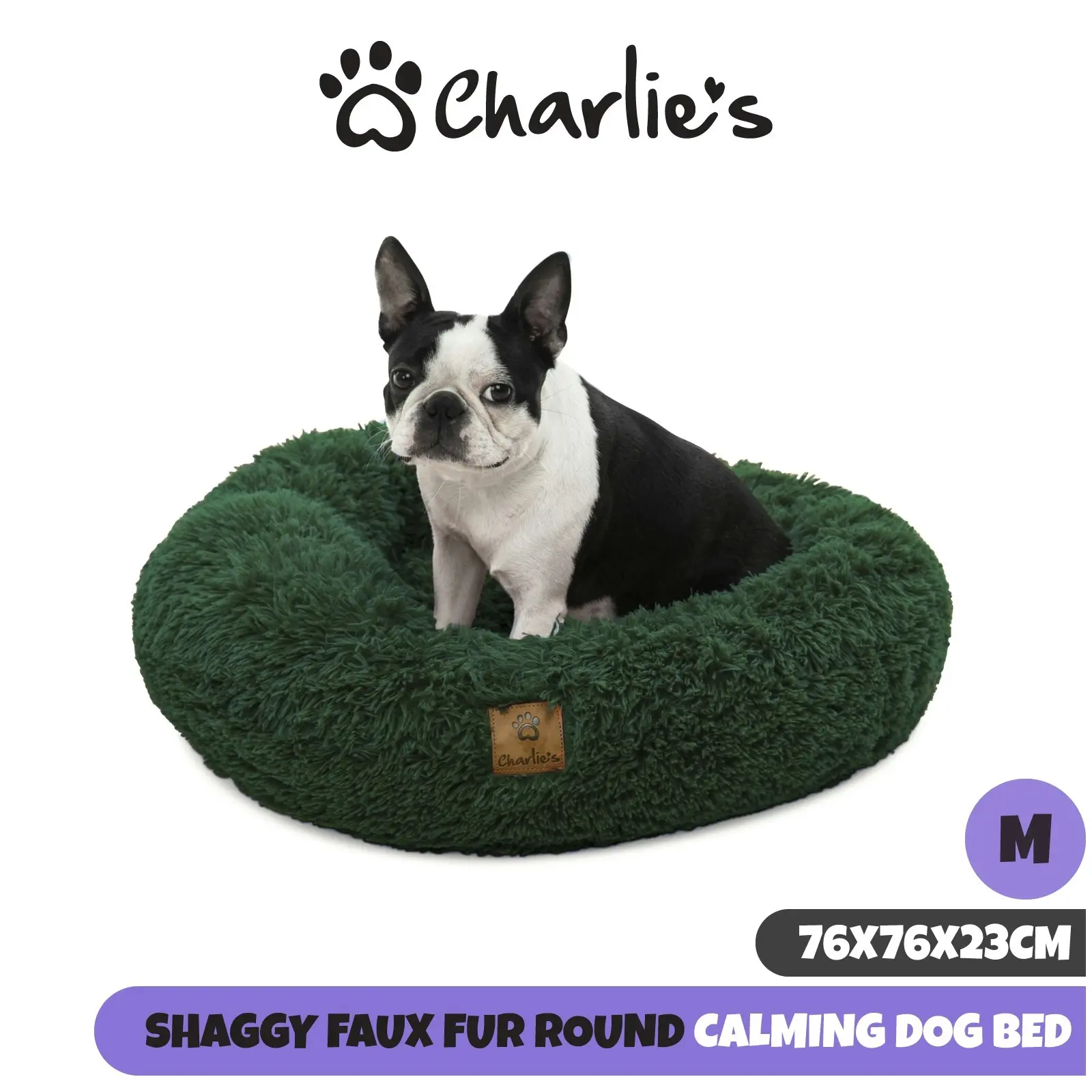 Charlie's Shaggy Faux Fur Round Calming Dog Bed Eden Green Medium