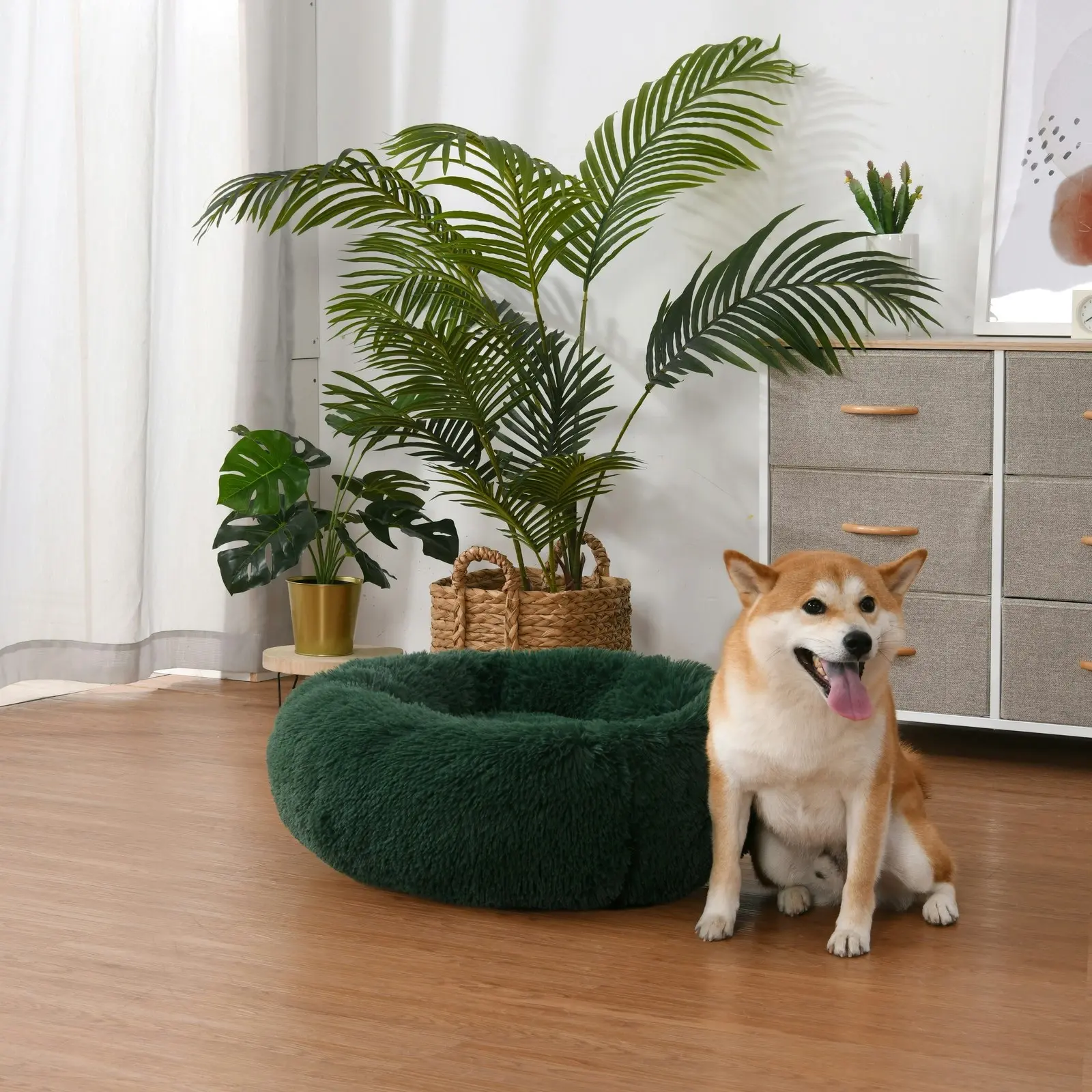 Charlie's Shaggy Faux Fur Round Calming Dog Bed Eden Green Medium