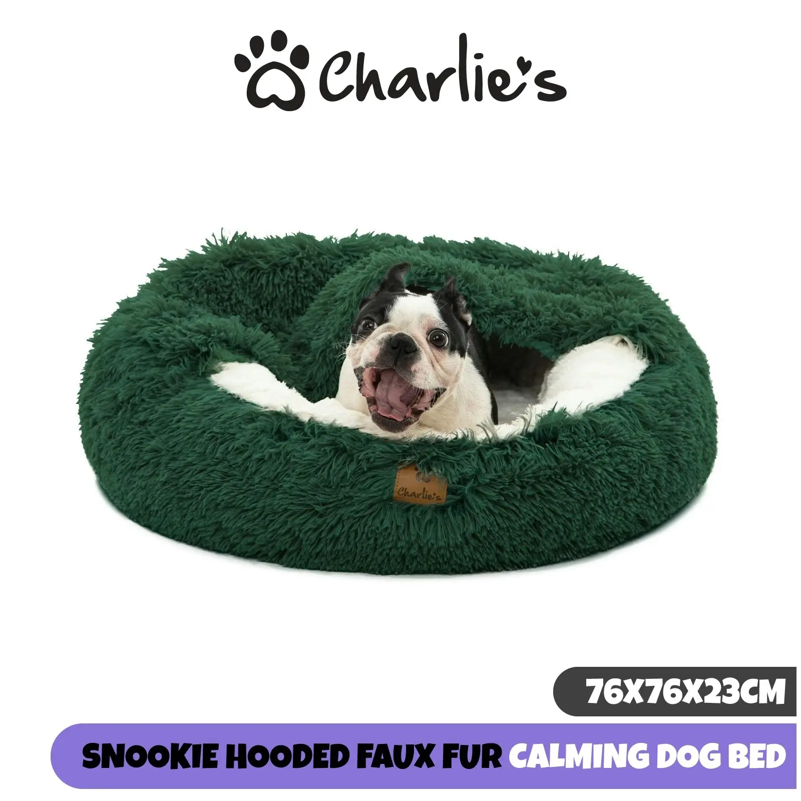 Charlie's Snookie Hooded Faux Fur Calming Dog Bed Eden Green Medium