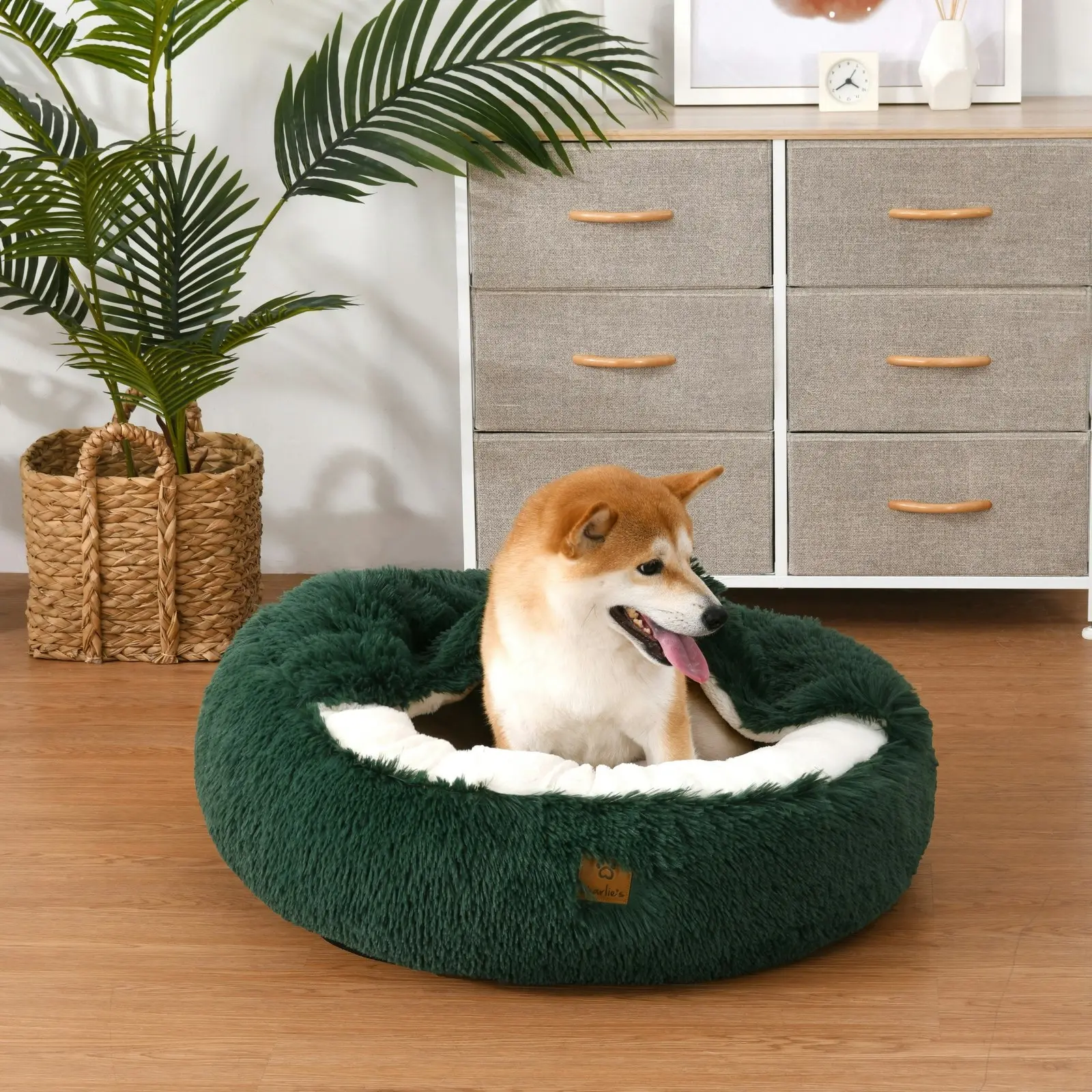 Charlie's Snookie Hooded Faux Fur Calming Dog Bed Eden Green Medium