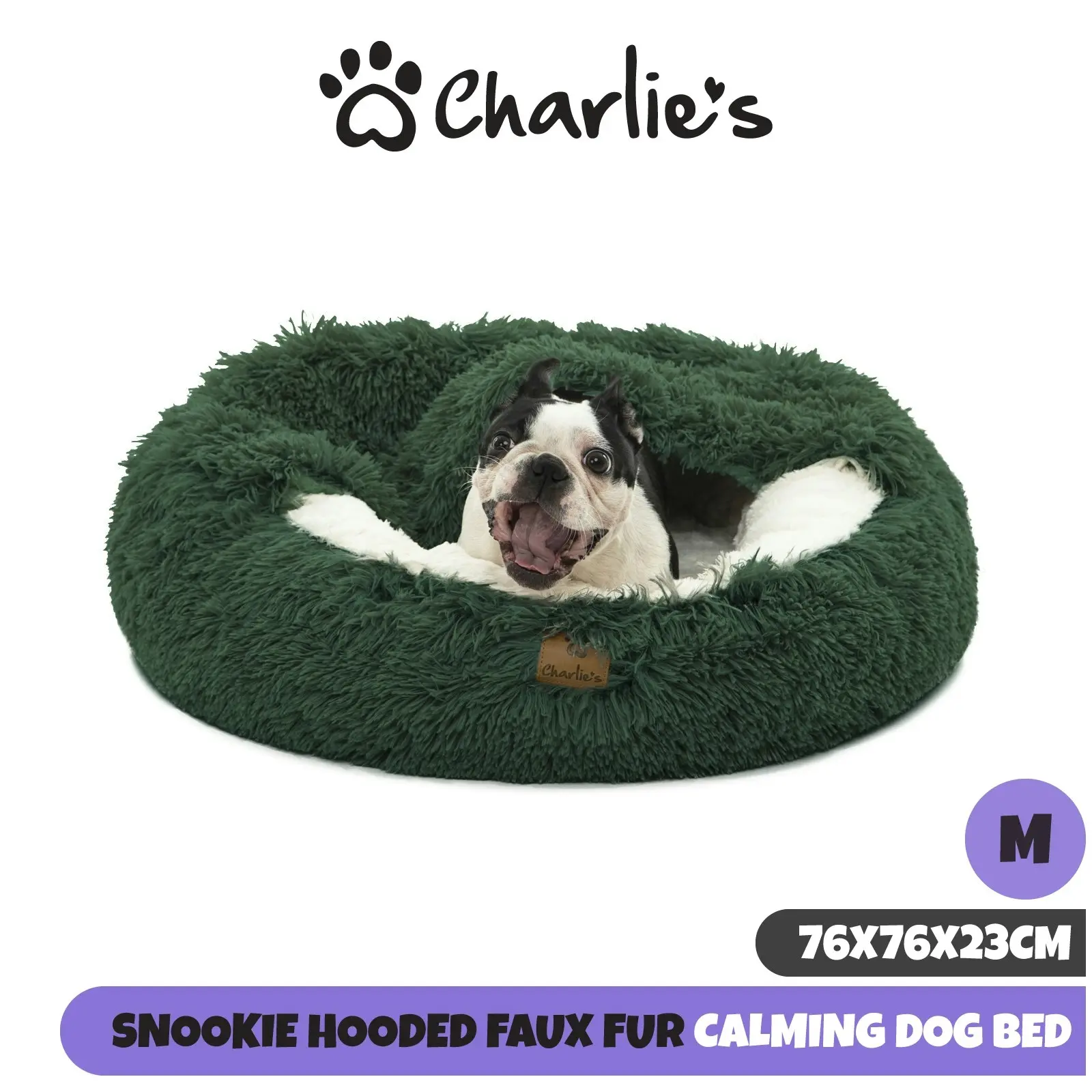 Charlie's Snookie Hooded Faux Fur Calming Dog Bed Eden Green Medium