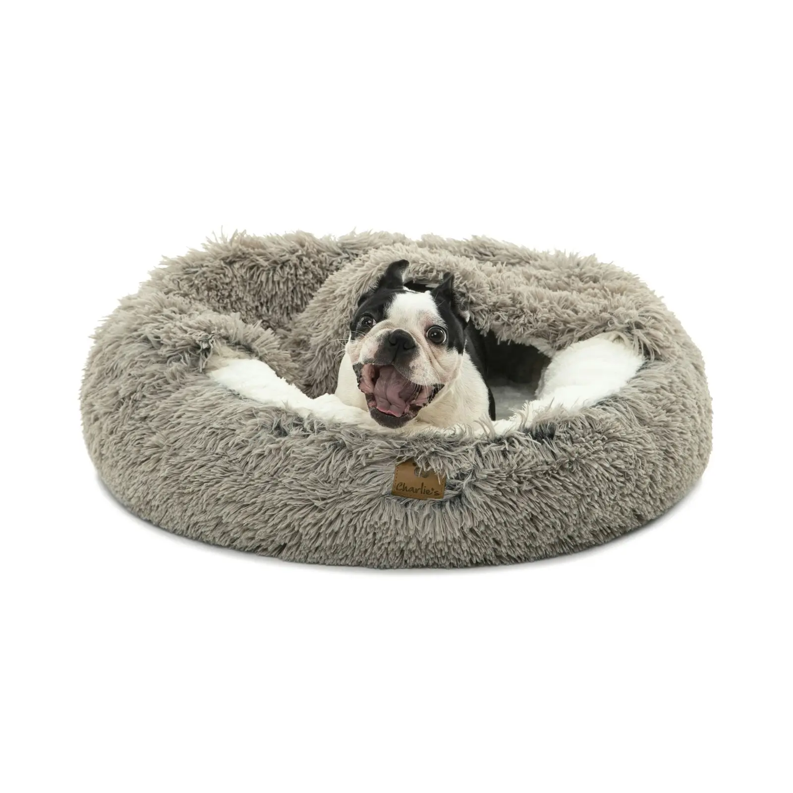 Charlie's Snookie Hooded Faux Fur Calming Dog Bed Grey Large