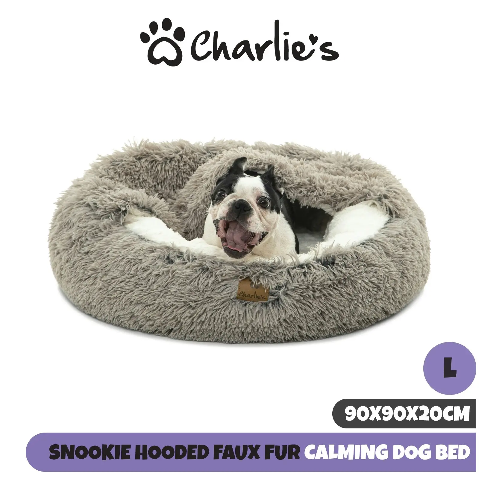 Charlie's Snookie Hooded Faux Fur Calming Dog Bed Grey Large