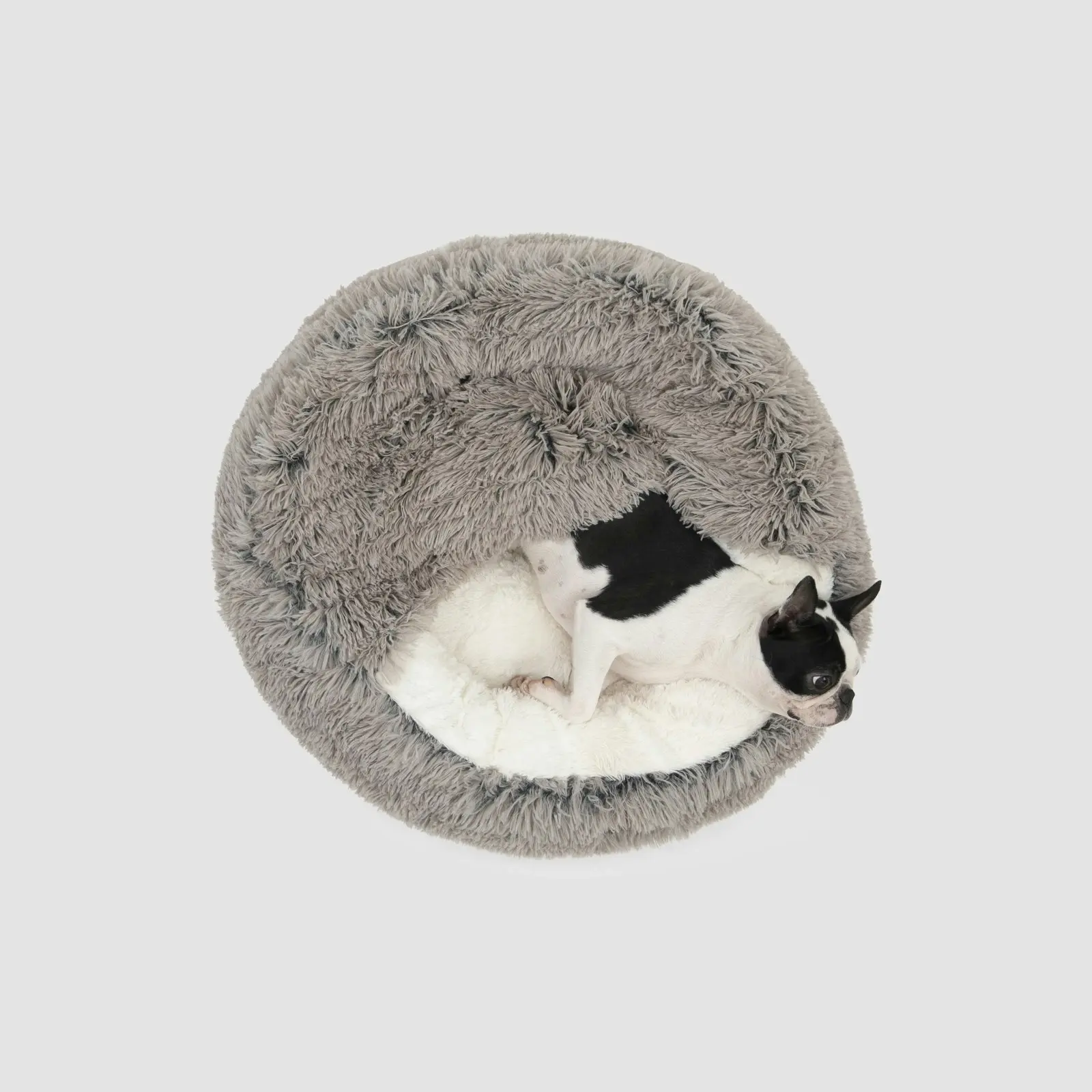 Charlie's Snookie Hooded Faux Fur Calming Dog Bed Grey Large