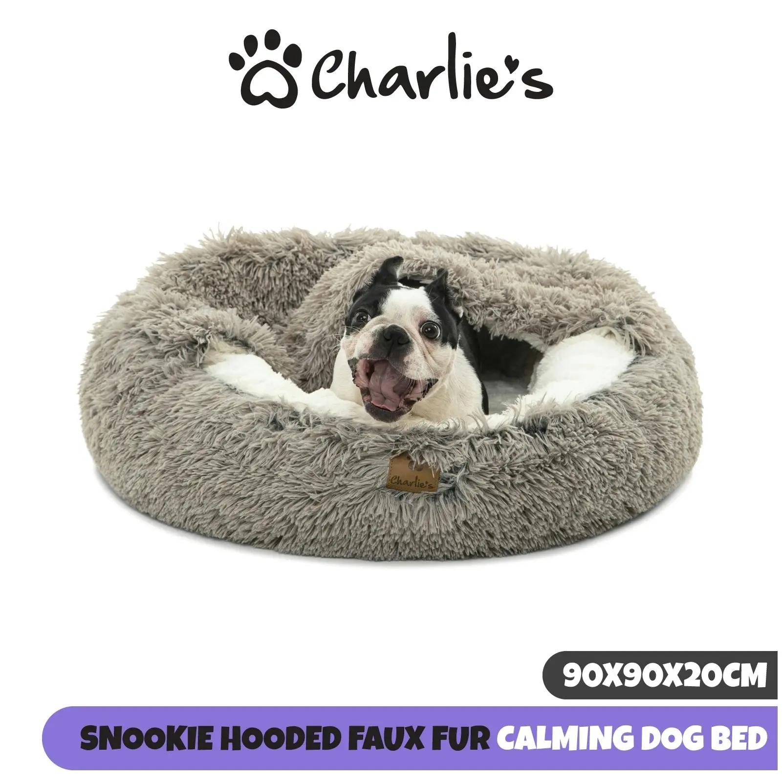 Charlie's Snookie Hooded Faux Fur Calming Dog Bed Grey Large