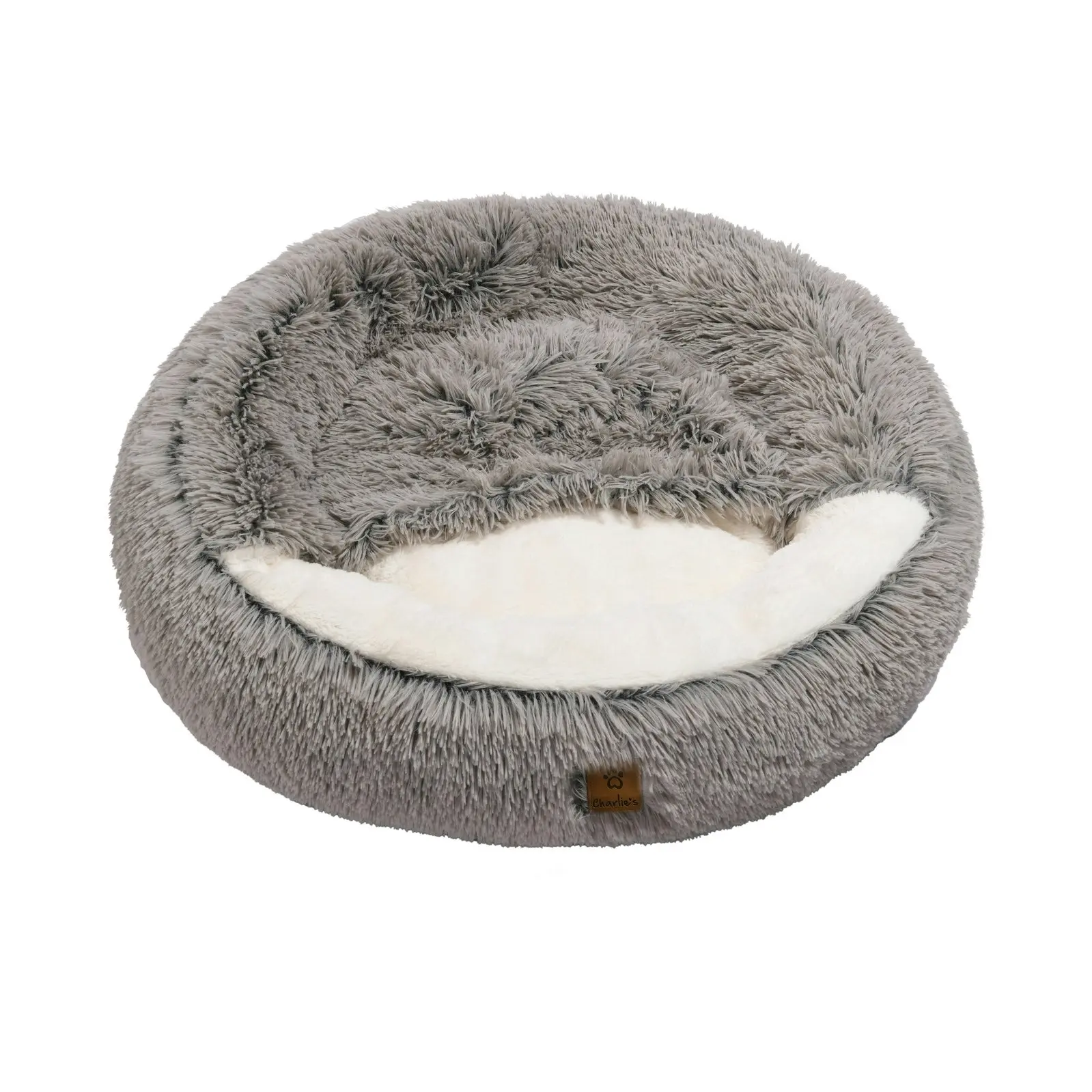 Charlie's Snookie Hooded Faux Fur Calming Dog Bed Grey Large