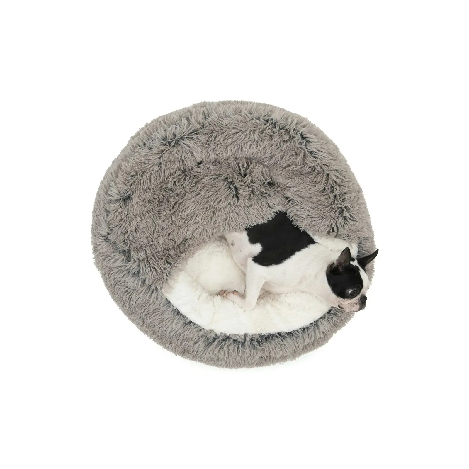 Charlie's Snookie Hooded Faux Fur Calming Dog Bed Grey Large