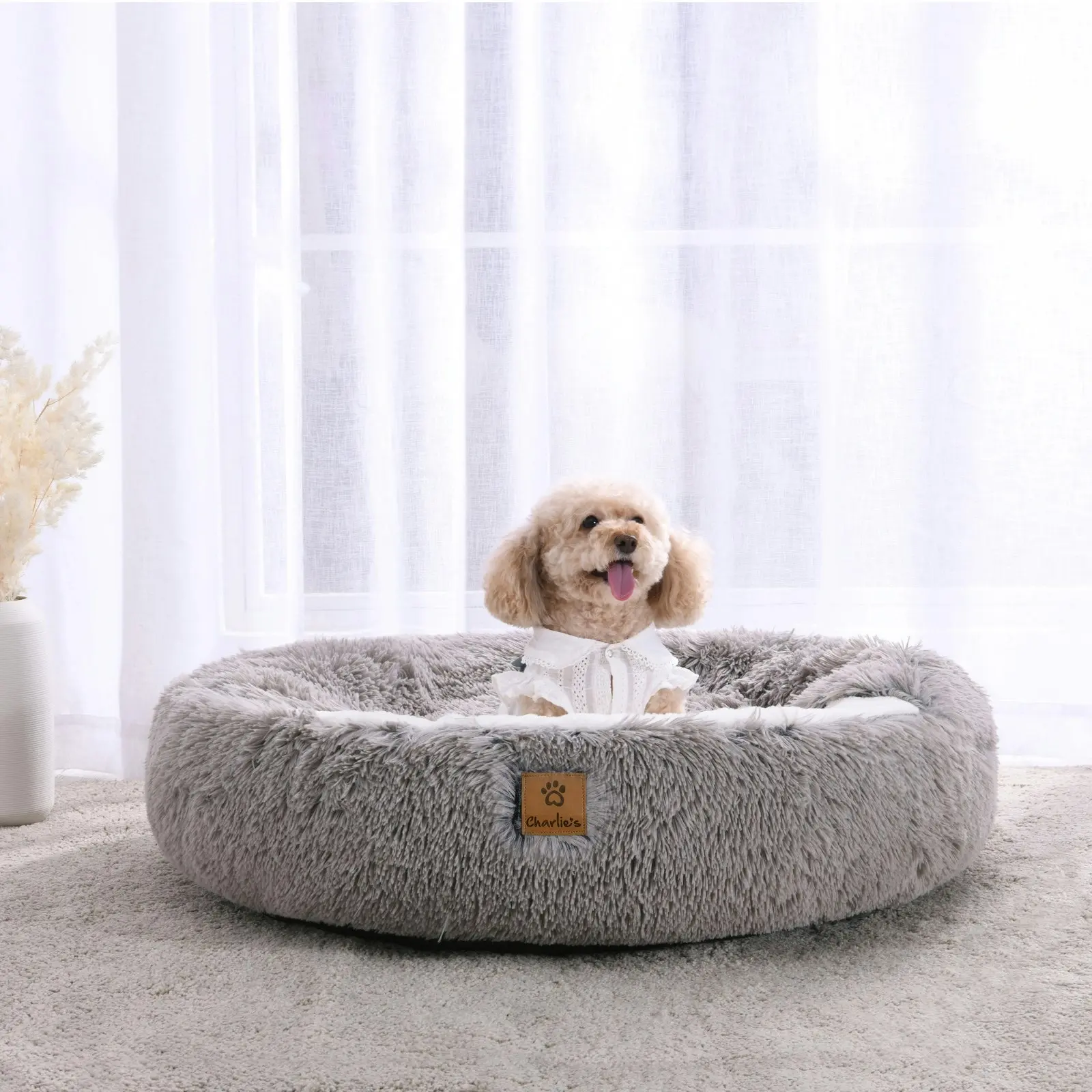 Charlie's Snookie Hooded Faux Fur Calming Dog Bed Grey Large