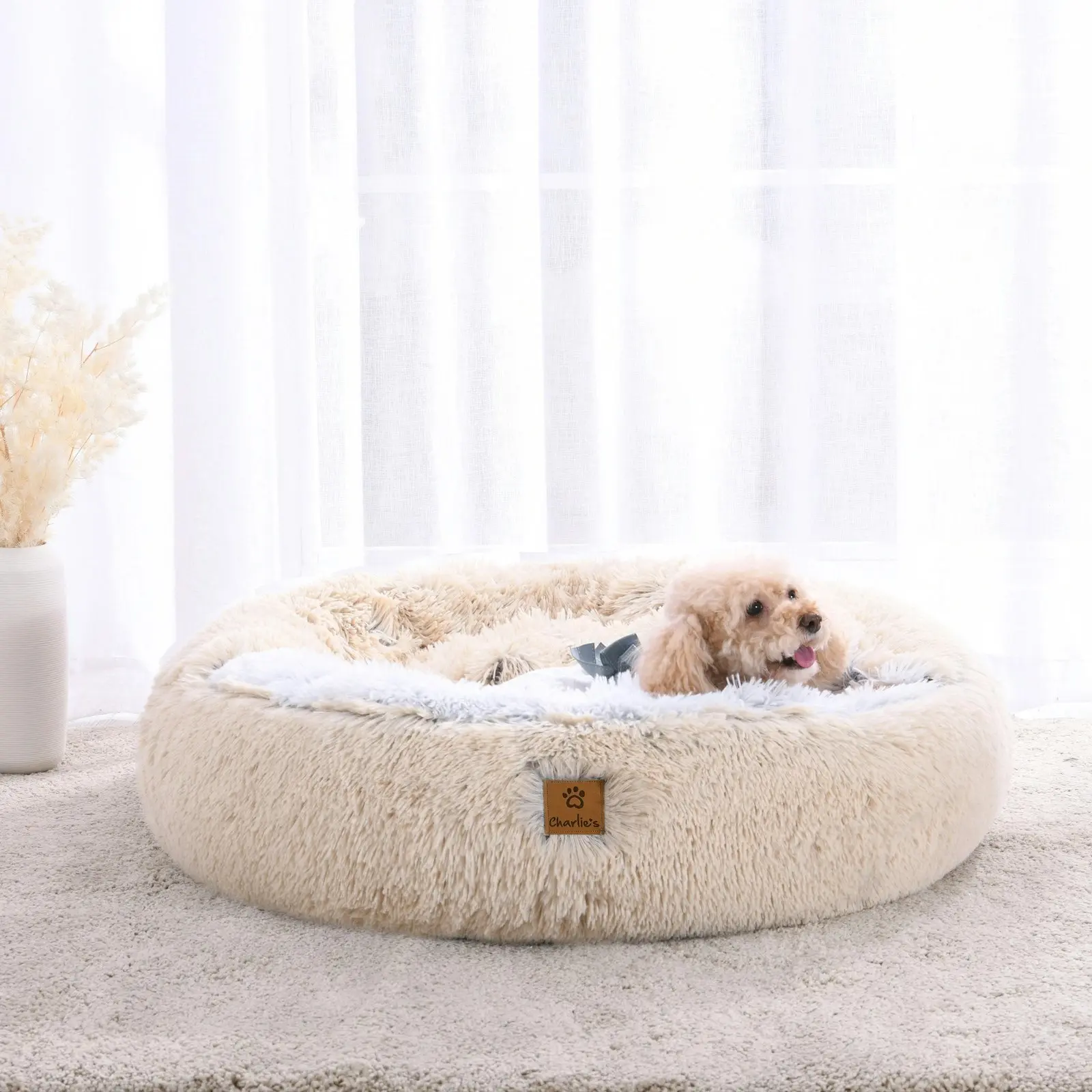 Charlie's Snookie Hooded Faux Fur Calming Dog Bed Cream Large