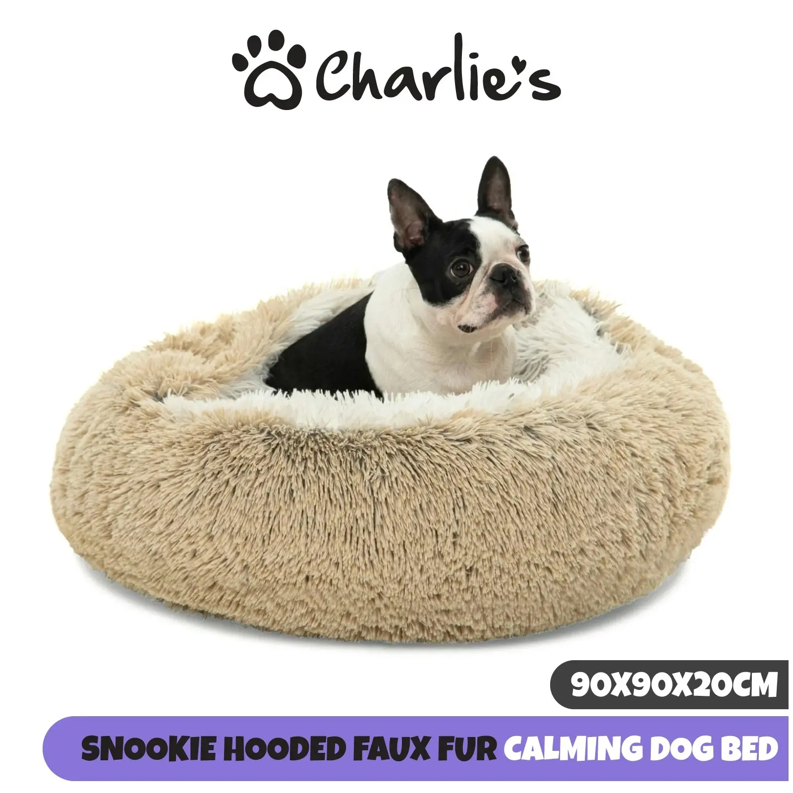 Charlie's Snookie Hooded Faux Fur Calming Dog Bed Cream Large